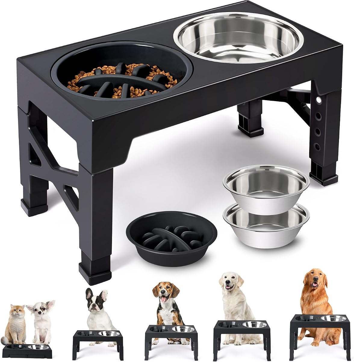 Elevated Dog Bowls with 5 Adjustable Heights Stand | Stainless Steel Bowls, Slow Feeder, 3.2" to 12.2" Hegiht Raised Dog Bowl for Small to Large Dogs