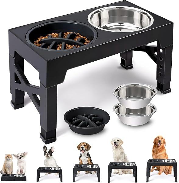 Heeyoo Elevated Dog Bowls - 5 Adjustable Heights Stand, 2 Stainless Steel Bowls & 1 Slow Feeder, 3.2 to 12.2 for Small t