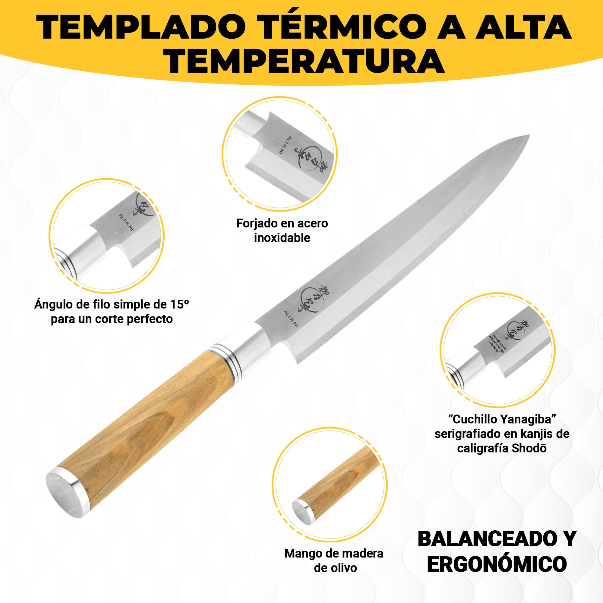 Alfa Mi Couteau japonais à sushi. Couteaux japonais yanagiba cuisine professionnelle 27 cm, ustensiles de cuisine fileter le saumon, manche en bois d'olivier et fourreau