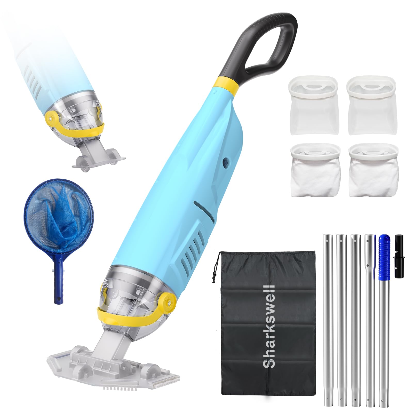 Sharkswell Poolsauger mit Akku Whirlpool Sauger | 2026 Upgraded Handsauger mit 4 Filter und Teleskopstangen