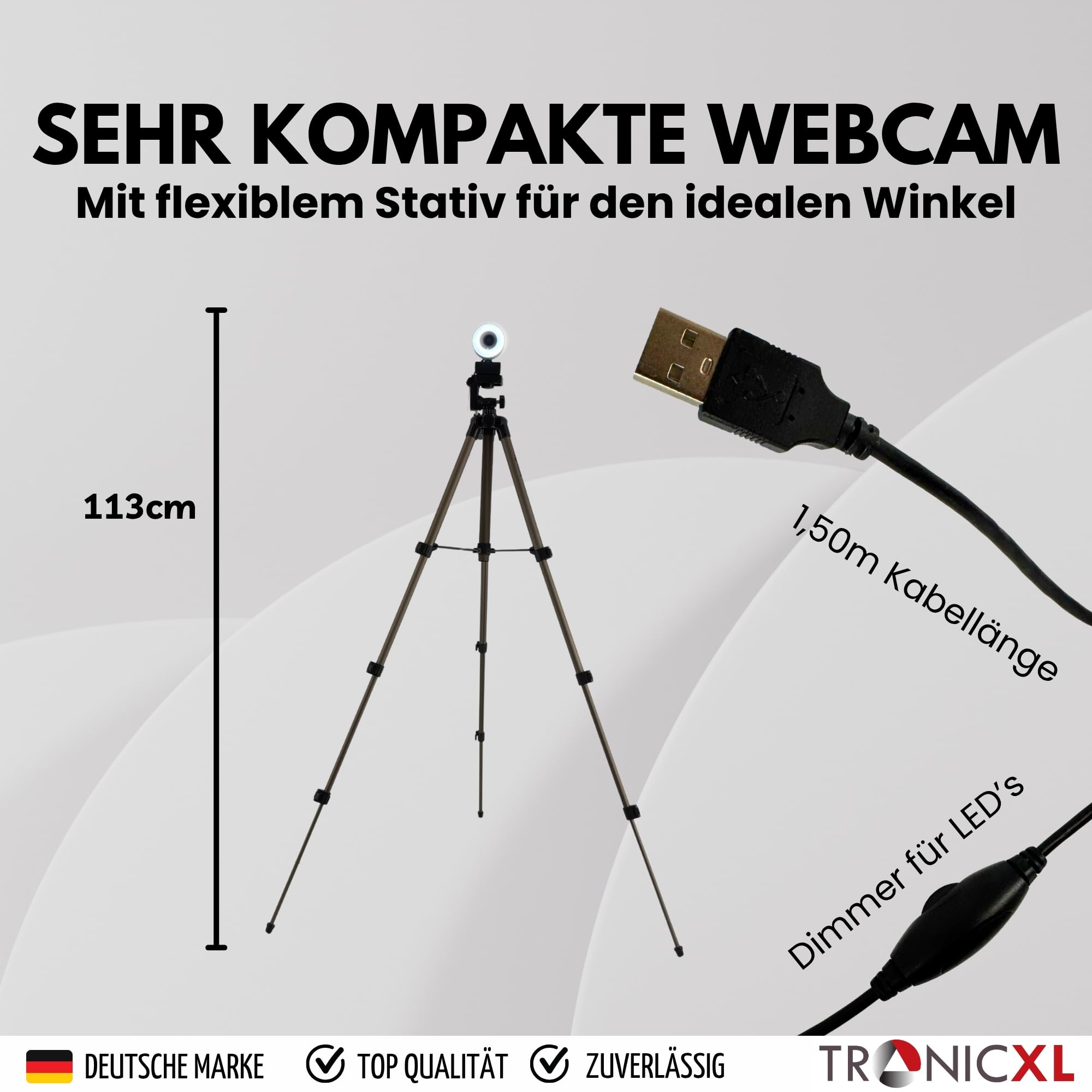 TronicXL Webcam con enfoque automático con lámpara de anillo + trípode de 113 cm Full HD 1920 x 1080p I 2 micrófonos estéreo cancelación de ruido fondo I para ordenador PC portátil para Xbox
