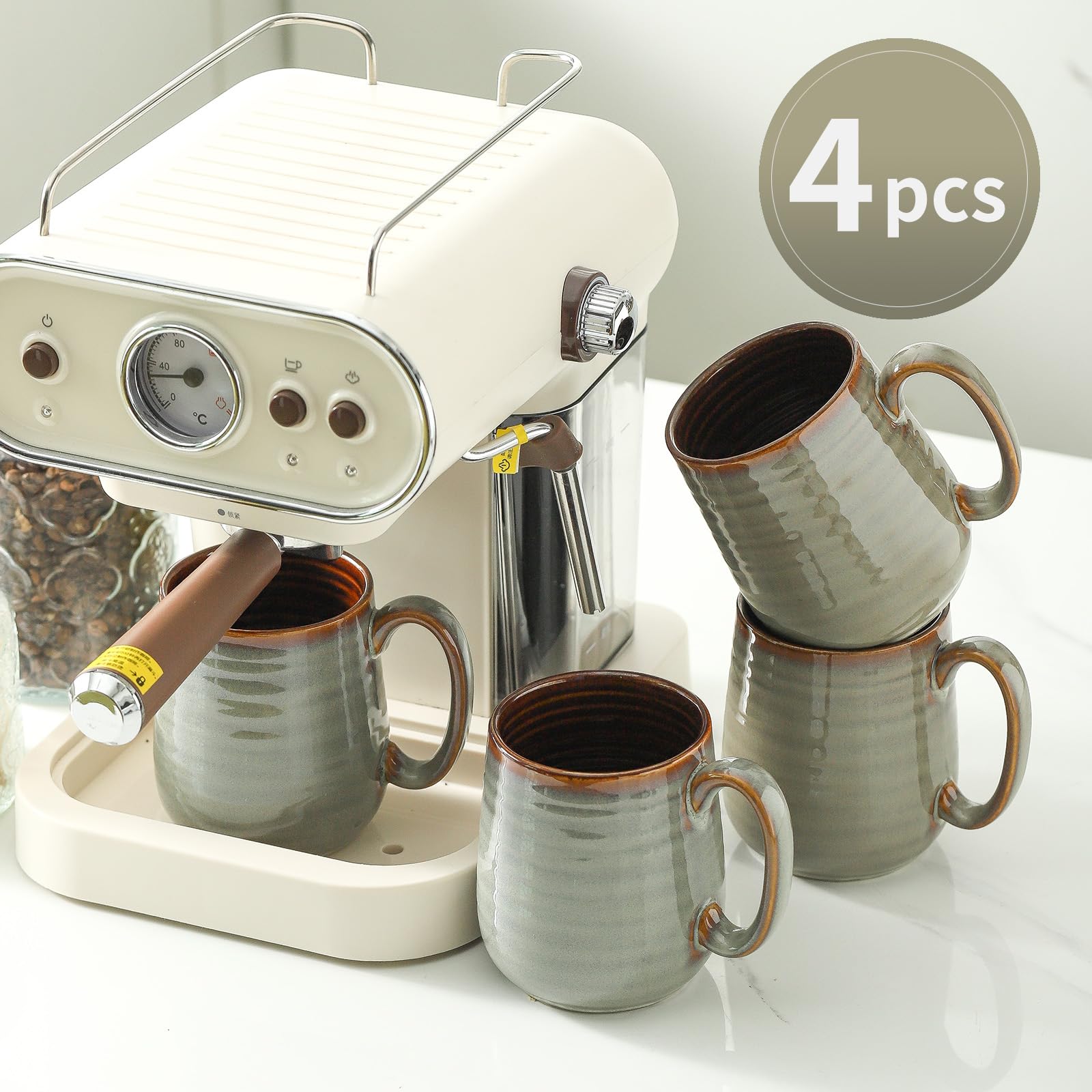 Hasense Set di 4 tazze da caffè in ceramica, 425 ml, tazze da caffè in porcellana, per tè, latte, cioccolata calda, tazze da caffè grandi, adatte al microonde e alla lavastoviglie, colore: grigio