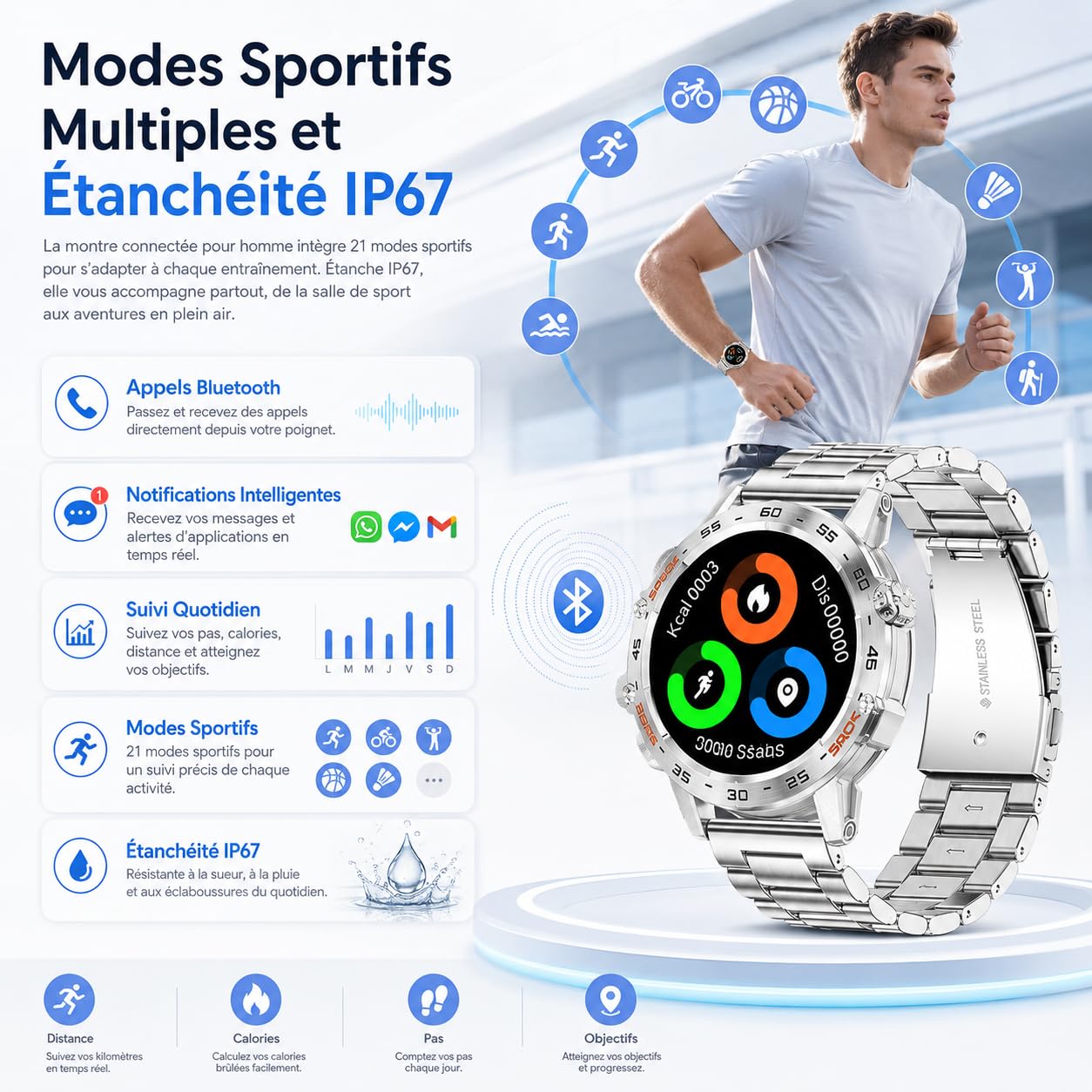 Onyxus Fitforce K52 Montre Connectée Bluetooth avec Appels, Écran Renforcé, Suivi du Sommeil, Autonomie 5 à 7 Jours, Montre Sport Étanche pour Homme Femme (Orange)