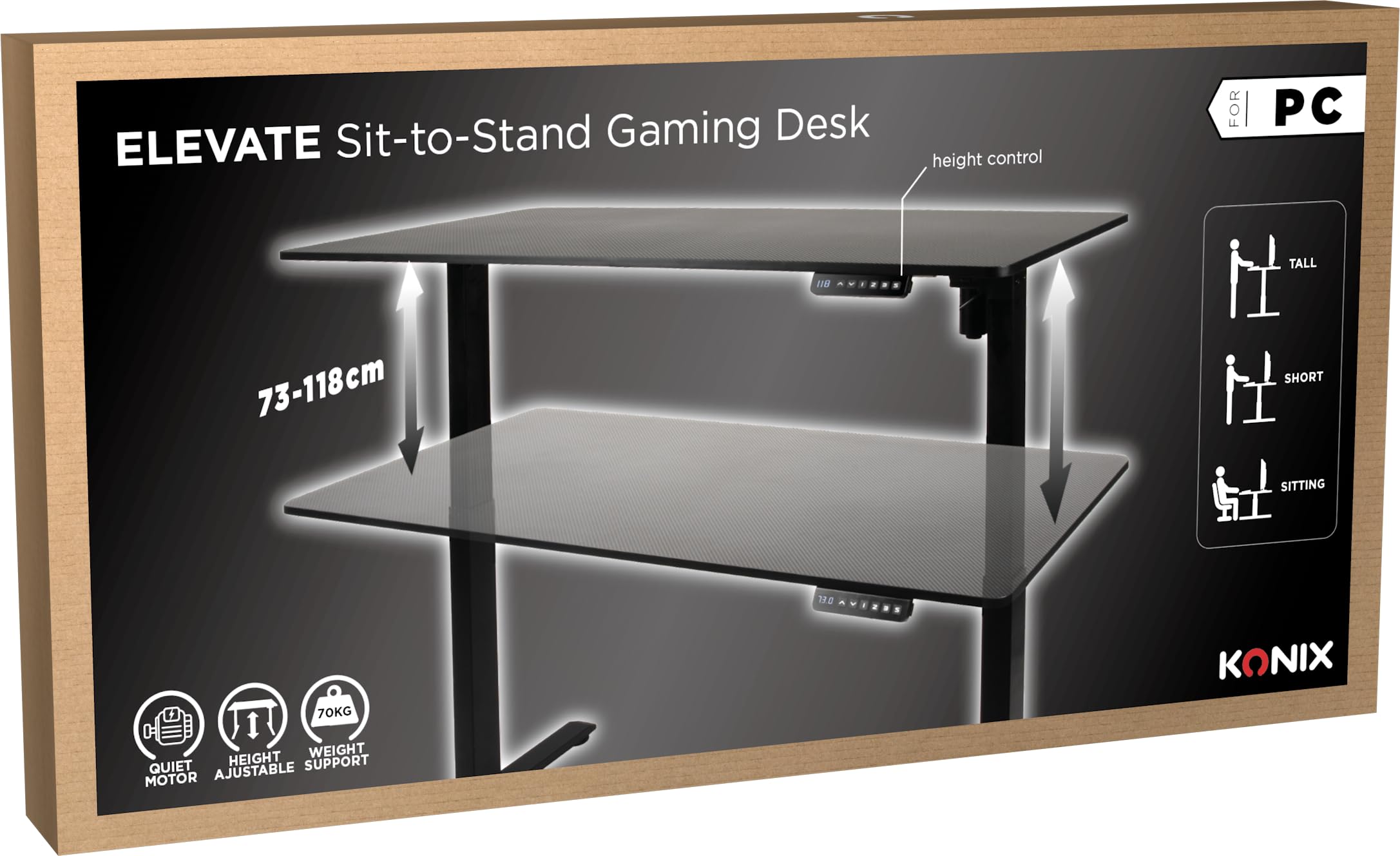 Konix Gaming-Schreibtisch Elevate Steh-Sitz-Schreibtisch 120 x 60 x 73-118 cm T-förmig - 3 Höhenstufen - Tischgestell aus Metall - Schwarz