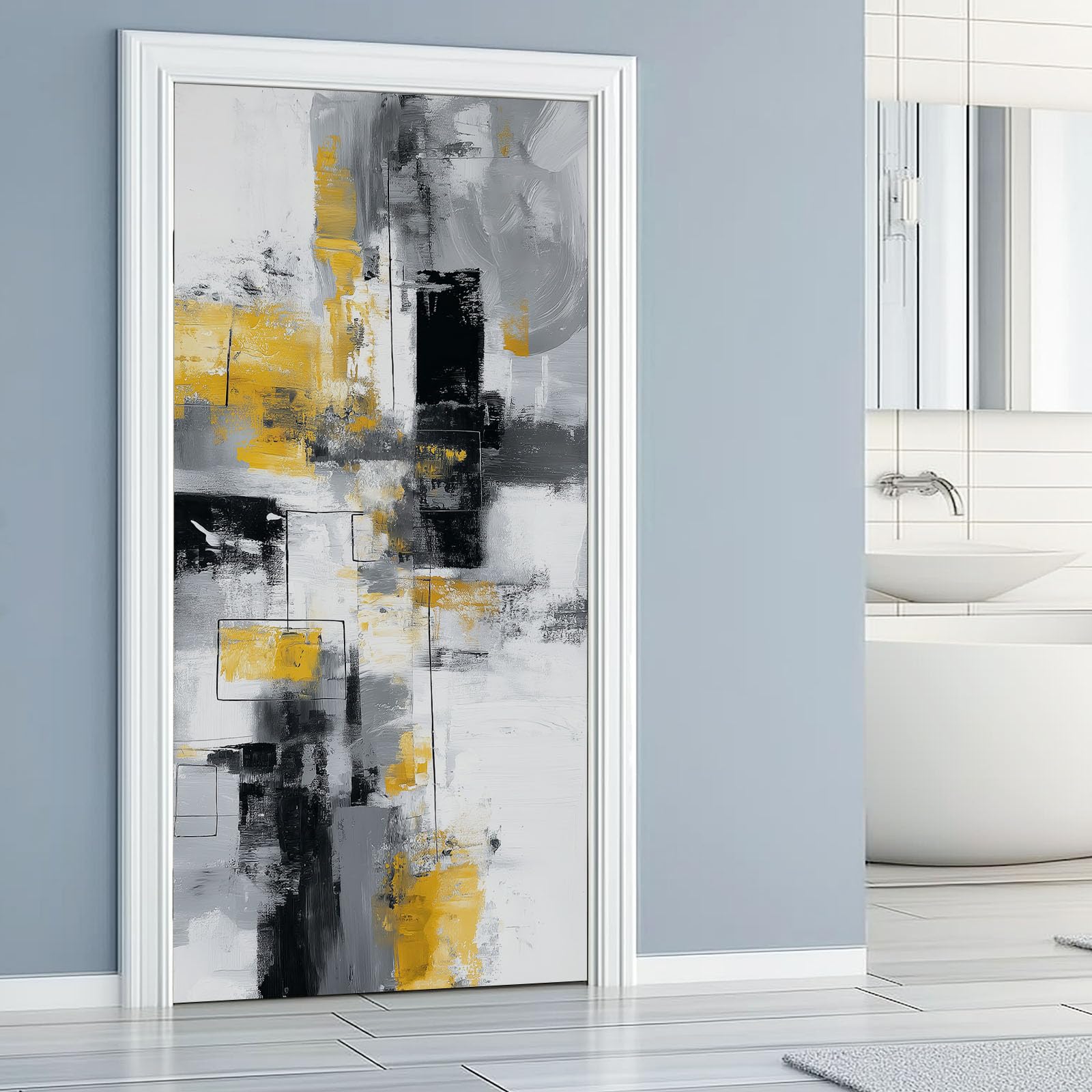 Geometryczna abstrakcyjna naklejka na drzwi - samoprzylepny plakat ścienny bloki linie graffiti zdejmowalna szara tapeta artystyczna do sypialni salon łazienka kuchnia, 80x210 cm