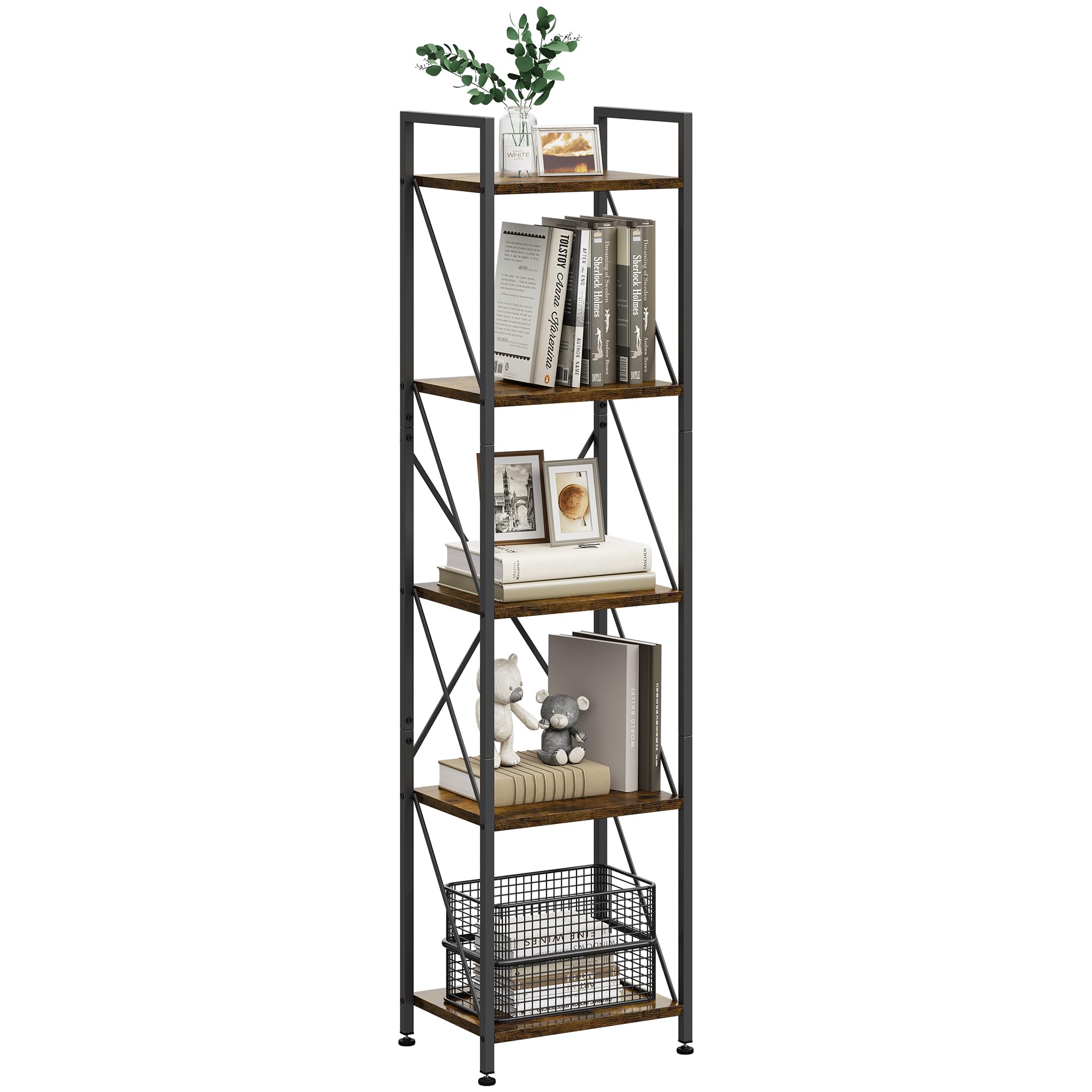 YITAHOME Bibliothèque à 5 Niveaux, Bibliothèque Industrielle, Étagère Autoportante, Étagère en Bois et Cadre en Métal, Support de Rangement pour Salon Bureau Cuisine Chambre à Coucher, Marron Rustique