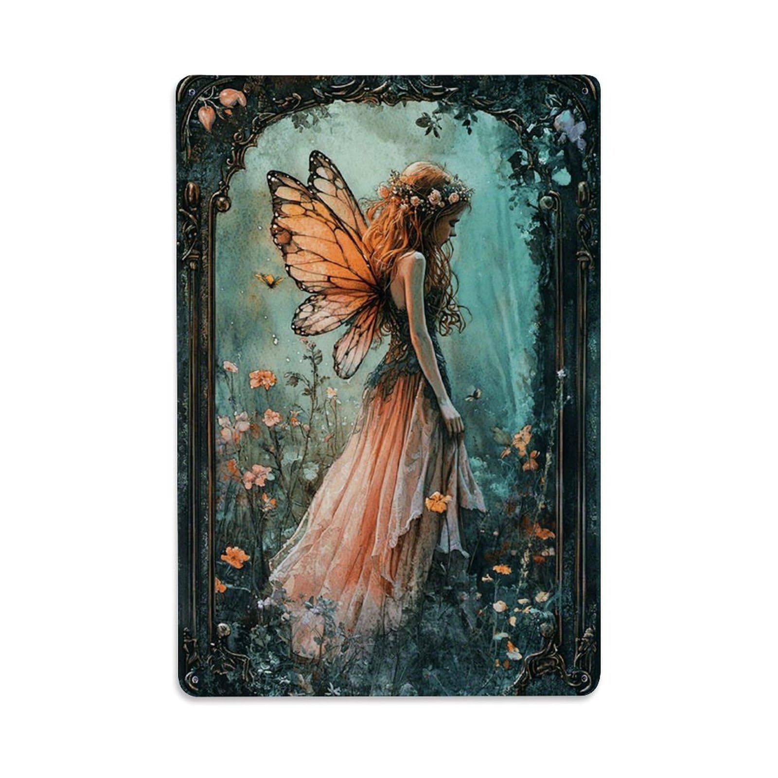 Jdfenggu Vintage Fairy Wings Floral Garden Retro Metal Tin Sign, Decor Art Poster For Bar, Home, Man Cave, Kitchen, Laundry Room Gift 8X12inch