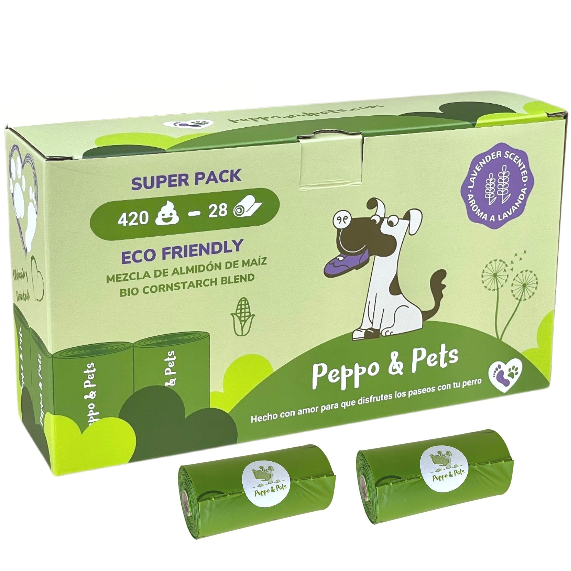 Peppo and Pets - 420 Bolsas caca perro - 28 rollos - Mezcla de almidón de maíz- Olor a Lavanda- Muy Resistentes- Opacas- A Prueba de Fugas