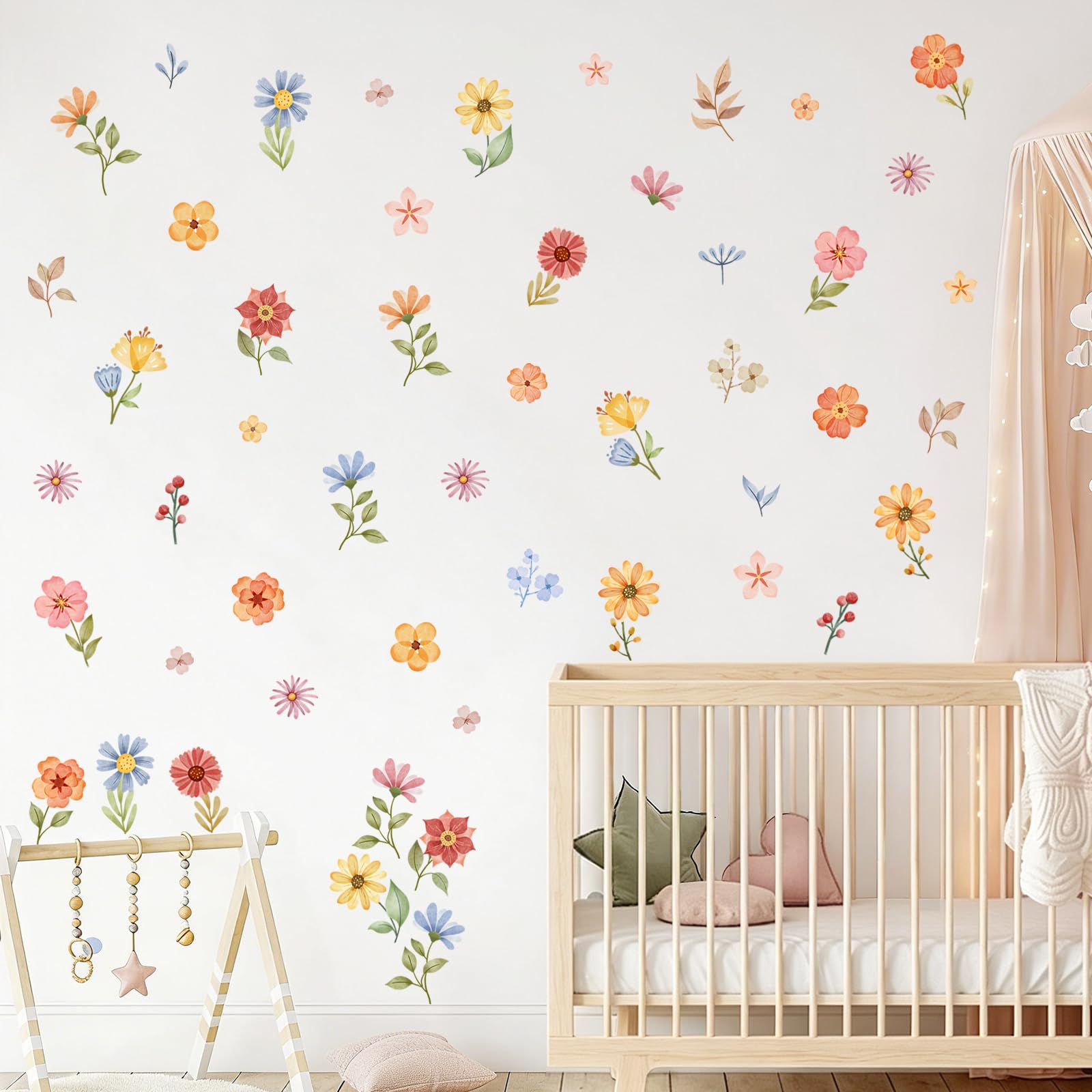 Tanlaby 52Pcs Boho Flower Wall Stickers Watercolor Floral Daisy Wall Decal