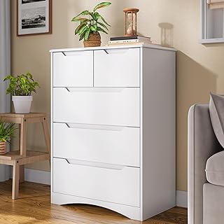 Commode à 5 Tiroirs,Armoire de Chambre à 5 Tiroirs,Salon Meuble de Rangement,Poignée dissimulée,Solide et résistante aux basculements,Coinsarrondis,72x41x94cm,Blanc