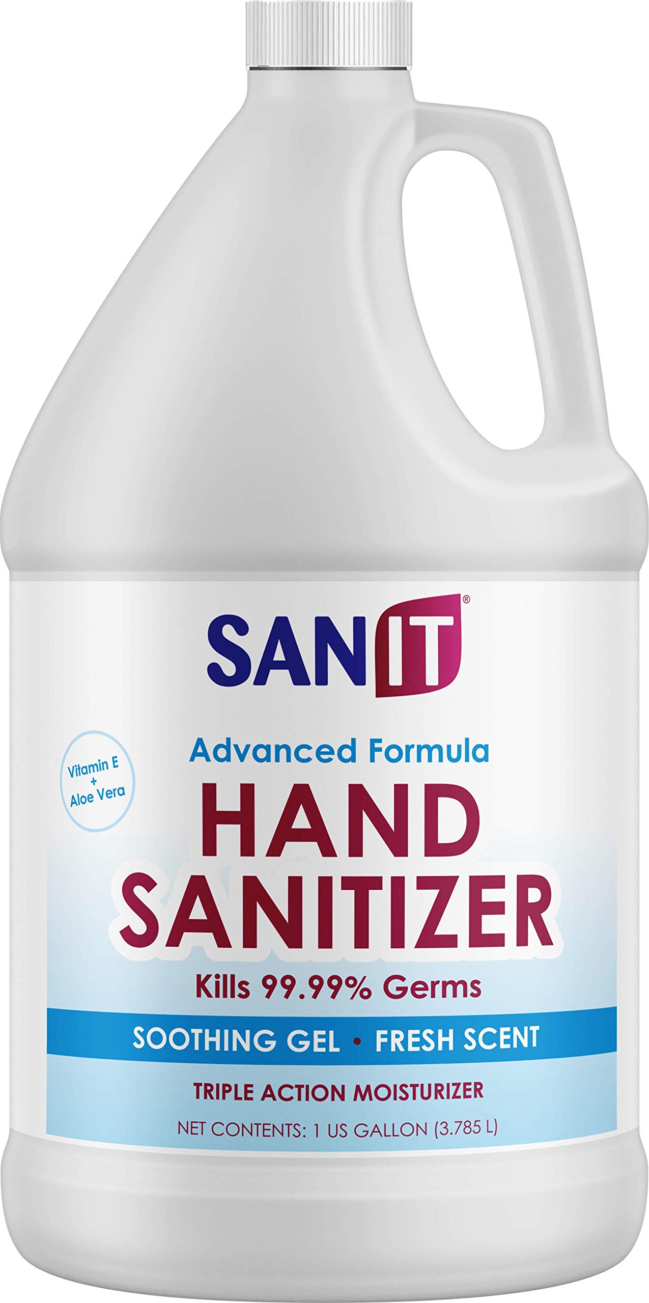Sanit Moisturizing Hand Sanitizer Gel 70% Alcohol - Kills 99.99% Germs, Advanced Formula with Vitamin E and Aloe Vera - Soothing Gel, Fresh Scent, Made in USA - 1 Gallon