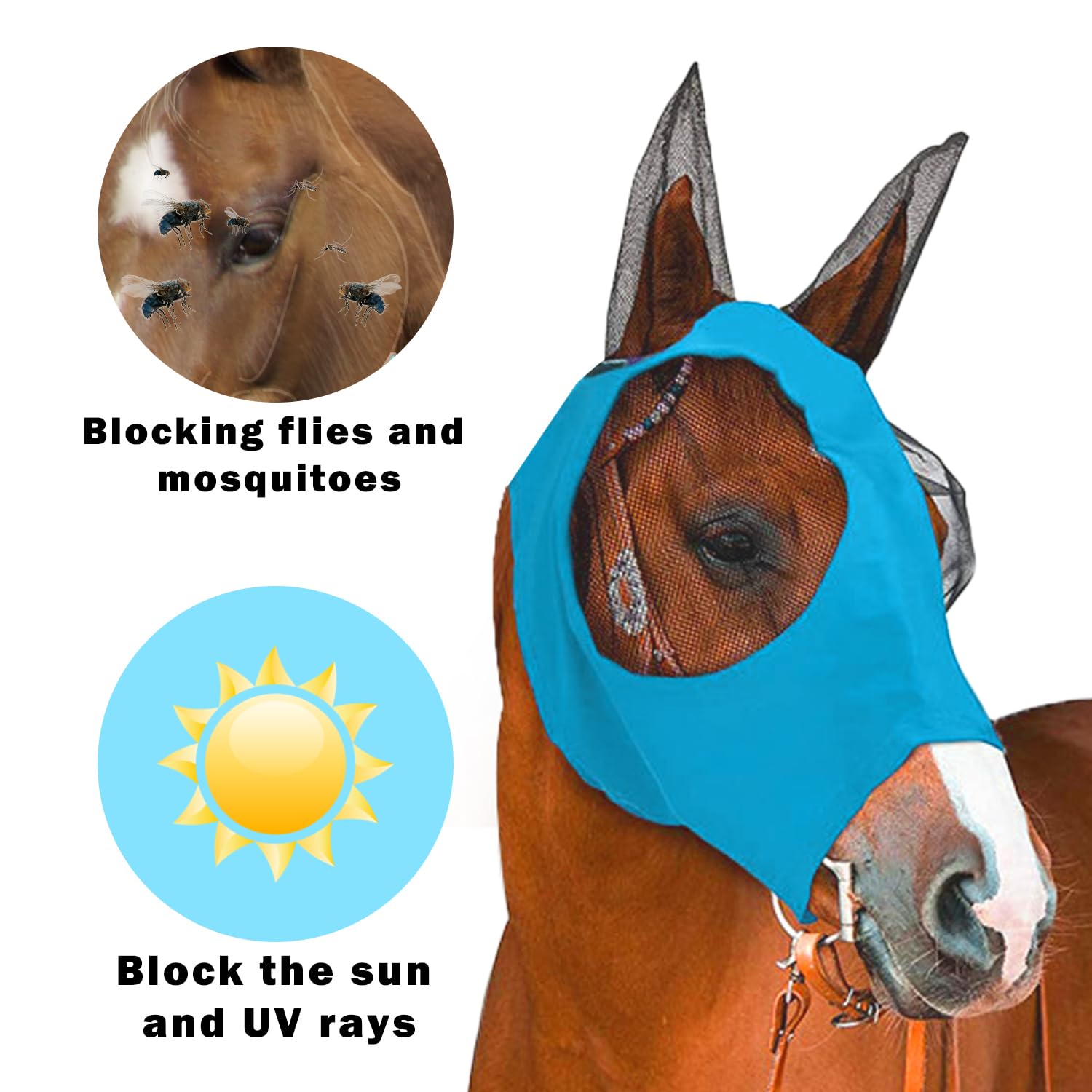 Máscara para Moscas de Caballos, Antimoscas con Cubiertas para los Oídos, Anti-UV, Reutilizable (Azul)