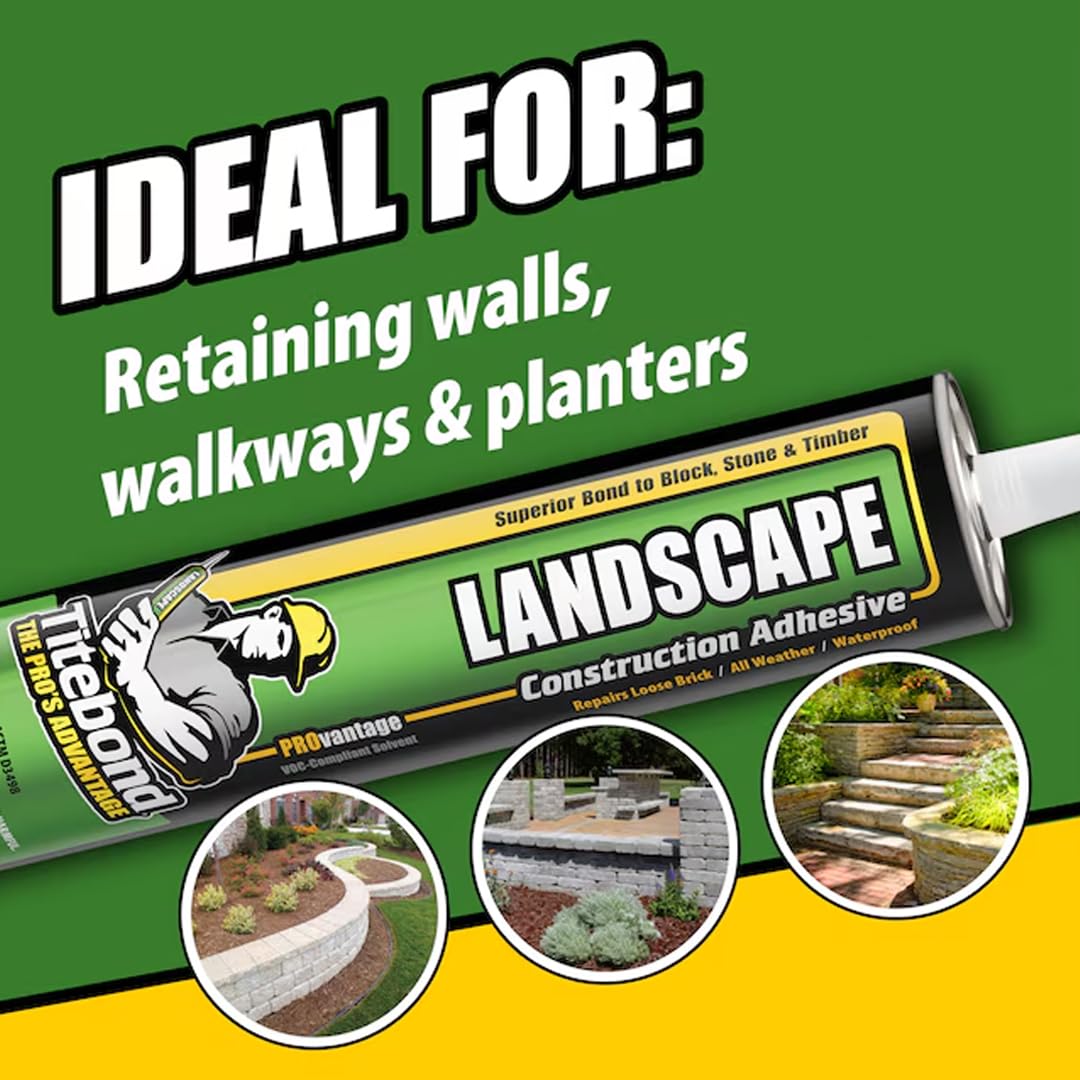 Titebond PROvantage Landscape Construction Adhesive 28 Oz. (12 Pack) – Professional Waterproof Glue for Pavers, Stone, Brick & Retaining Walls, Weather-Resistant, Prevents Shifting – 3122