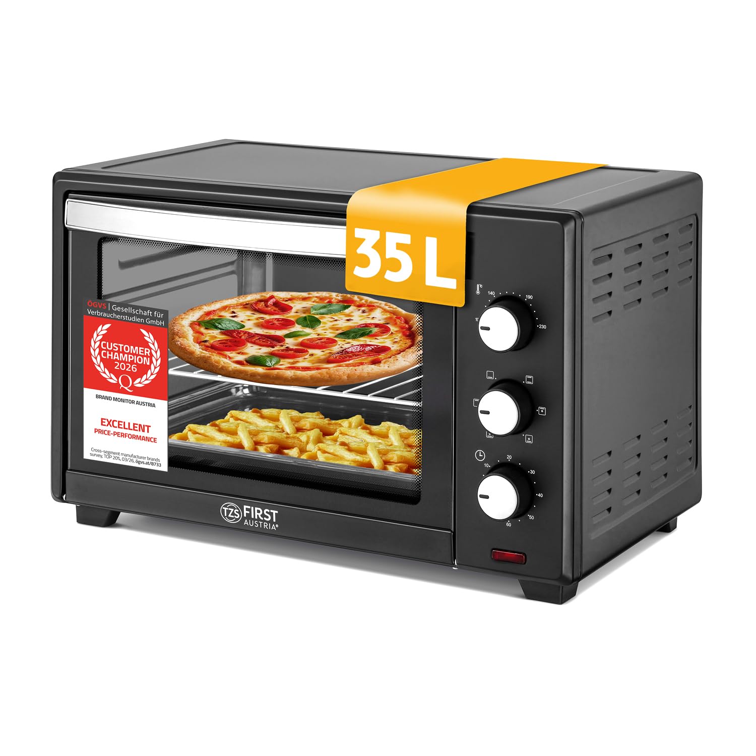TZS First Austria - Mini Forno 35L 1600W - Fornetto per pizza con regolazione temperatura fino a 230°C e rivestimento antiaderente - Con timer di 60 min, 3 altezze di inserimento, teglia e griglia