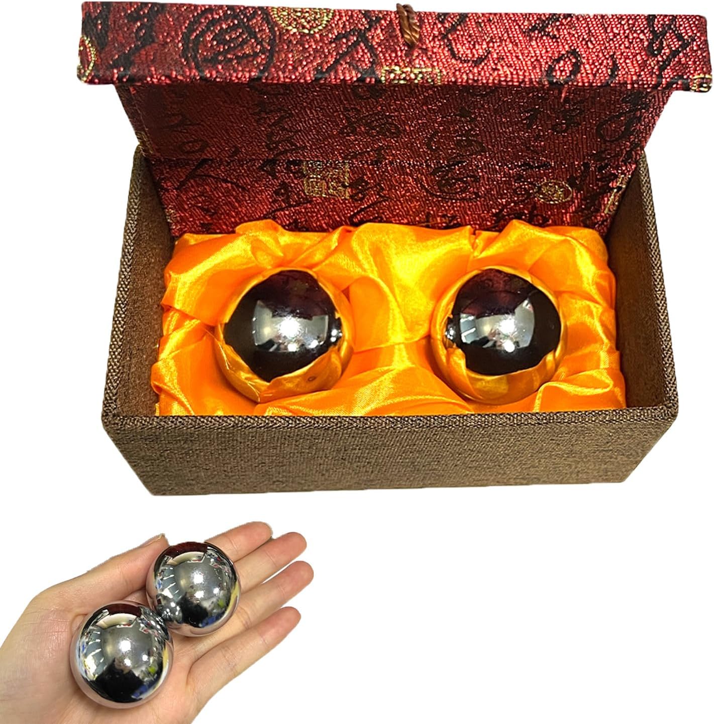 2pcs Baoding Balls Chinese Health Exercise Stress Balls with Box Meditation Massage Handball(Silver,Dia 1.49inch,red Classical Boxed)