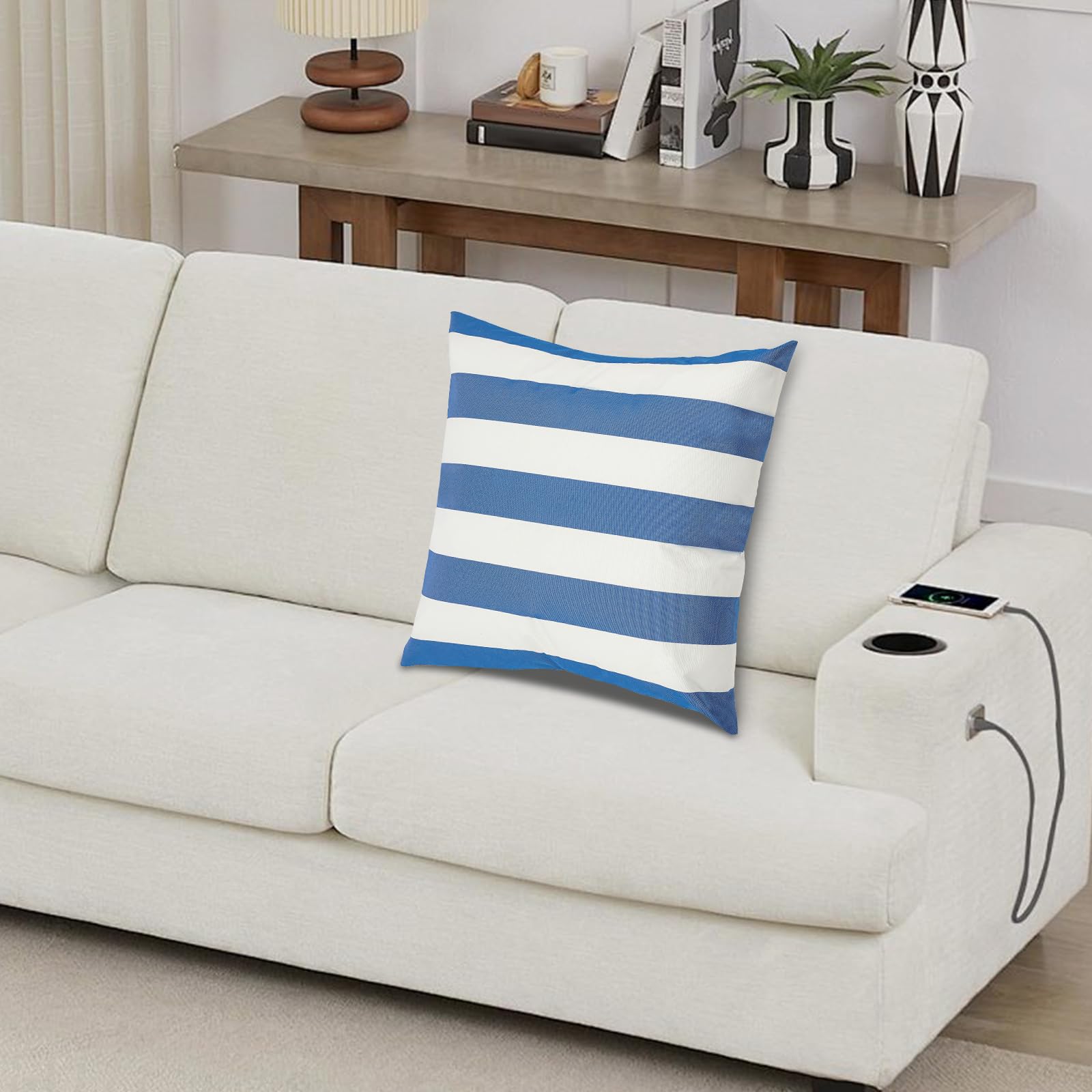Outdoor Kissen wasserdichte Kissenfüllung Sofakissen 45x45cm, Streifenmuster, Unsichtbarer Reißverschluss für Garten, Balkon, Sofa und Strand (Blau, Weiß)
