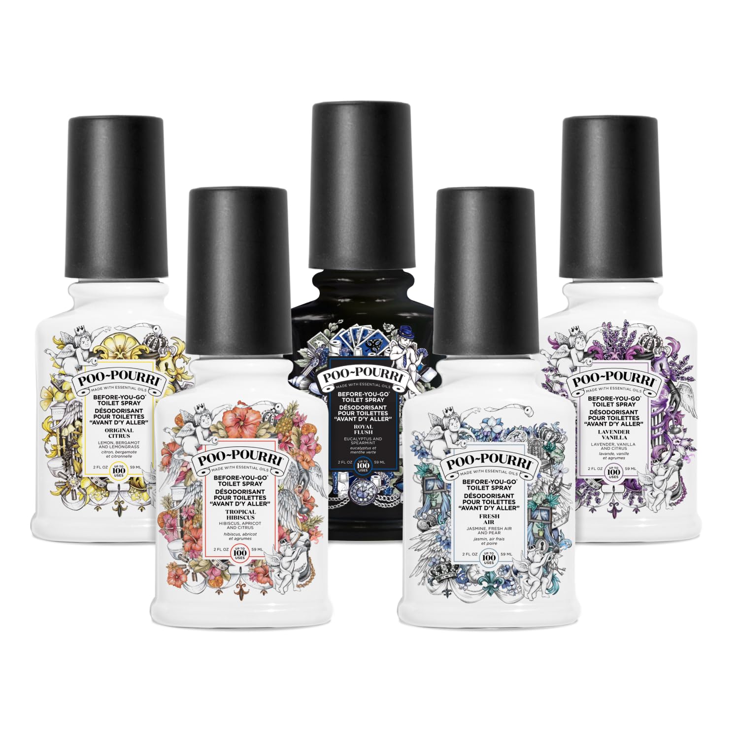 Pourri Bright & Balmy WC-Duft - Das Fresh Flush Set - 5 Mini Bad-Lufterfrischer - als WC-Duftspray oder Bad-Raumspray - fängt schlechte Gerüche vor der Ausbreitung ein - 5 x 59 ml
