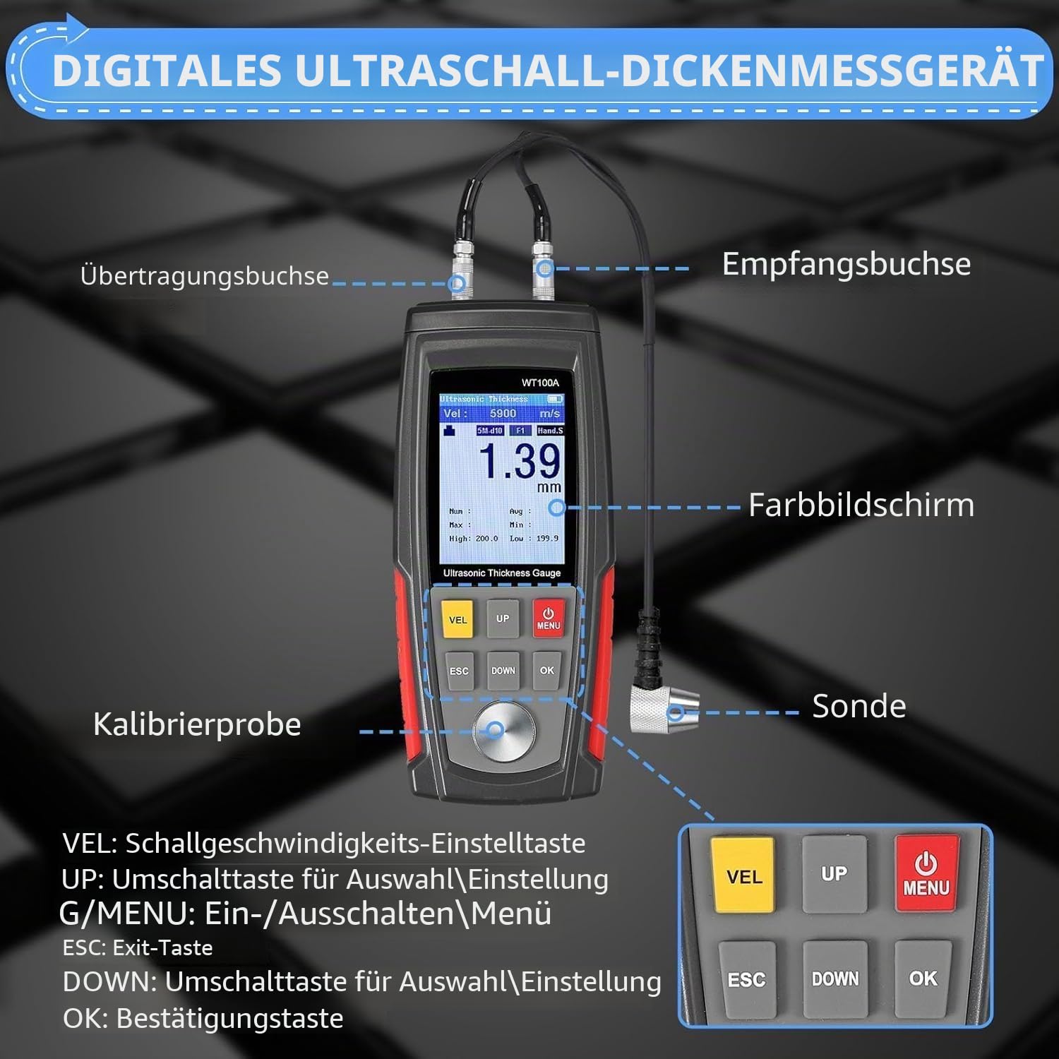 Ultraschall-Dickenmessgerät, 1-225.0mm 5 MHz Wanddickenmessgerät, Digitales Lackmessgerät Auto mit 500 Speicherwerten, Handheld Materialdickenmessgerät, für Metall Kunststoff Glas Keramik Rohrprüfung