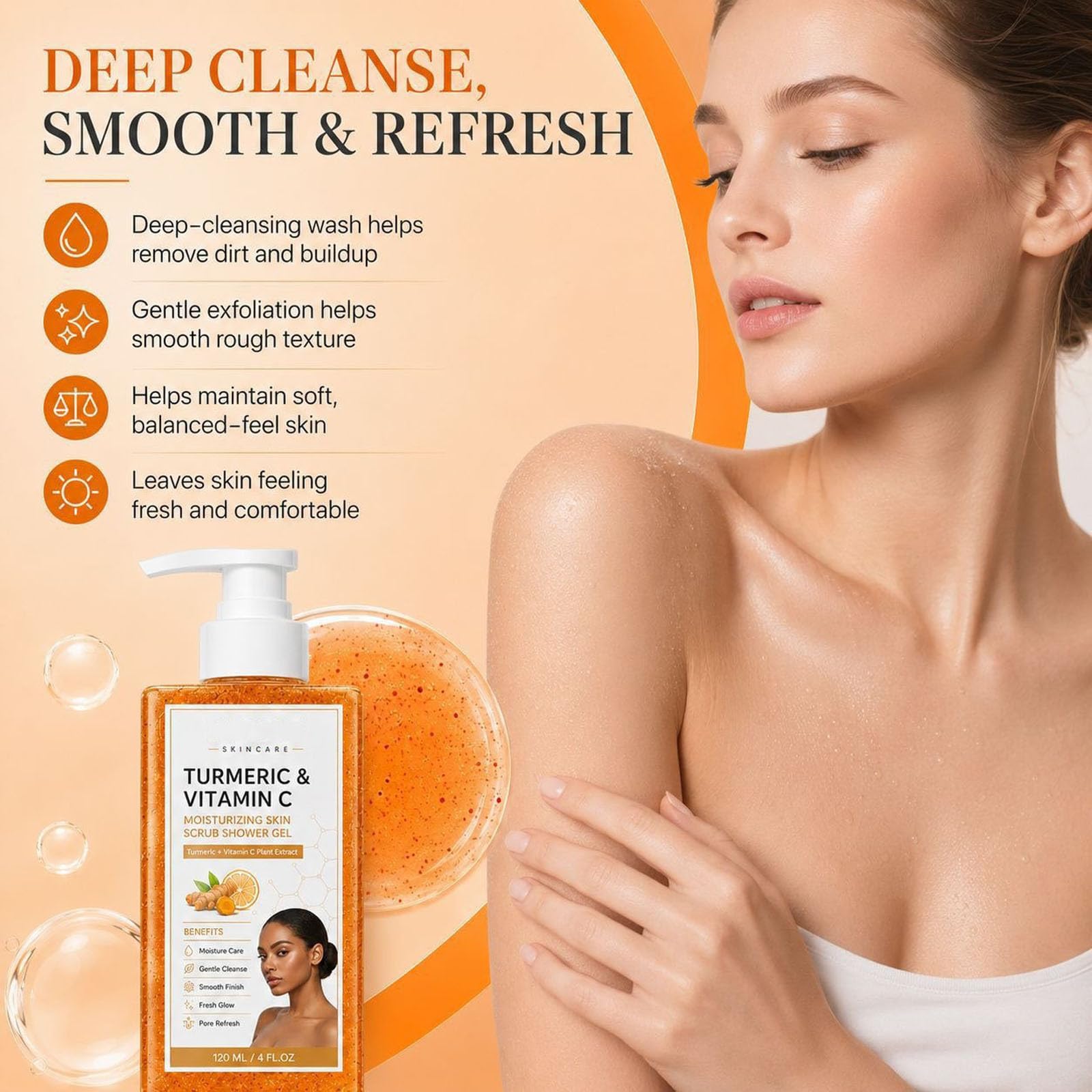 Turmeric Vitamin C Hydrating Body Wash, Kurkuma Duschgel, Strahlendem Teint, duschgel langanhaltender duft - Sanftes Körperpeeling gegen Trockenheit - 120 ml (3 PCS)