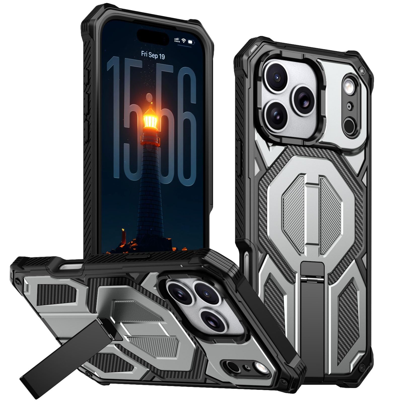 Coque iPhone 17 Pro argent Coque fine antichoc avec support mini kickstand intégré