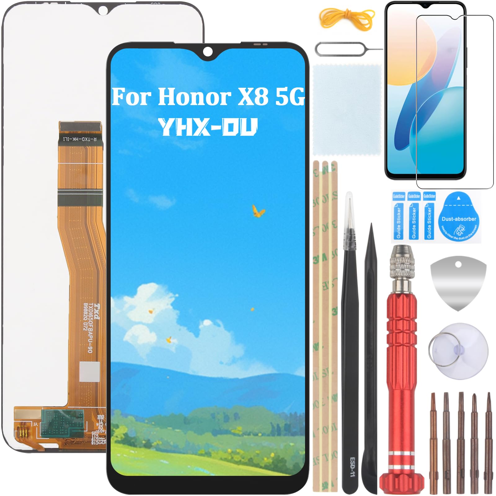 YHX-OU 6.67 Inch TFT Display Black for Honor X8 5G VNE-N41 LCD Display Touchscreen Screen Digitizer Assembly Glass with Tool + 1 x Screen Protector