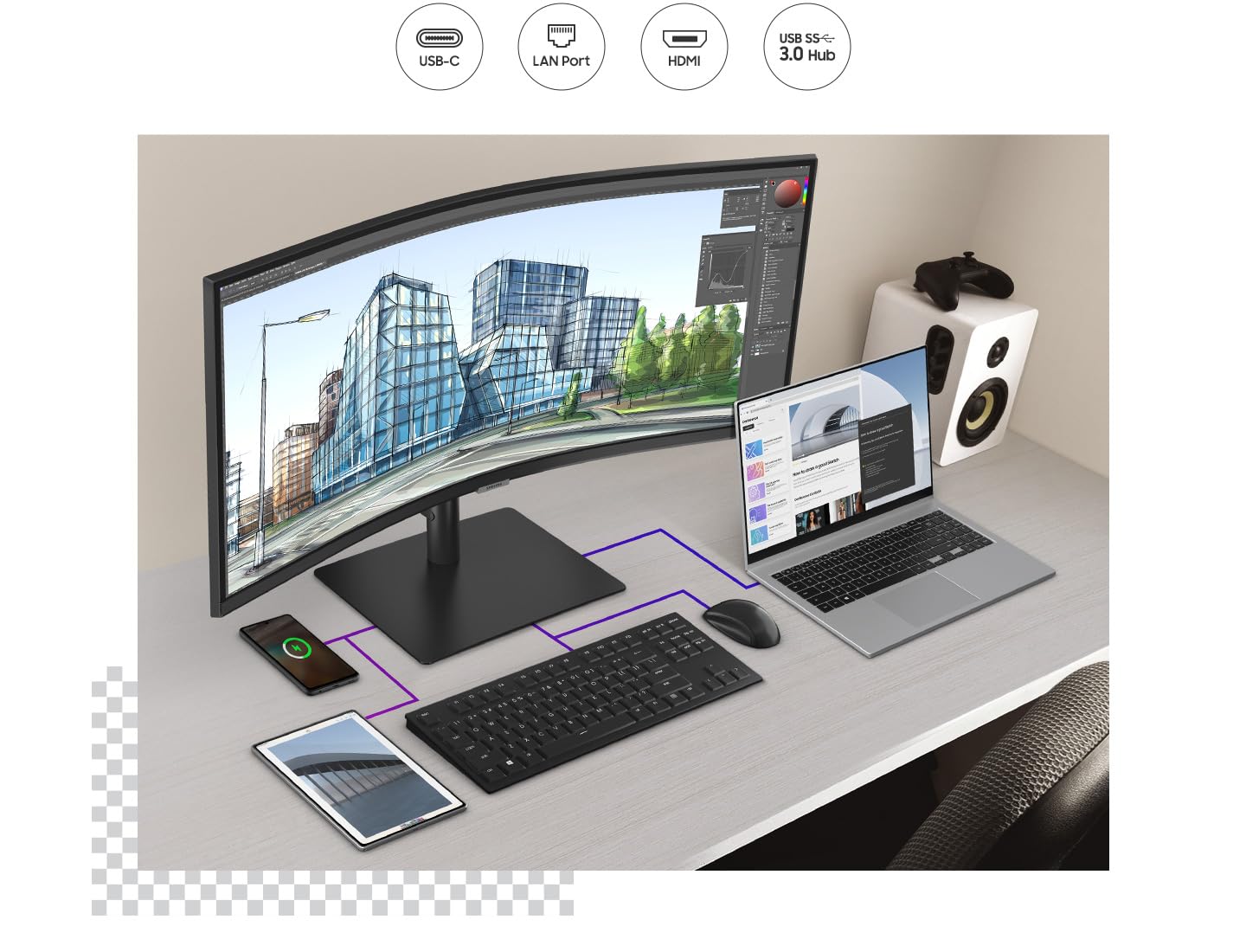 Samsung Écran PC ViewFinity S65UC 34'', 100Hz - Dalle VA, WQHD (3440 x 1440), 5ms, Inclinable, Orientable, Ajustable en hauteur, KVM Switch, USB-C (90W), LAN, LS34C652UAUXEN