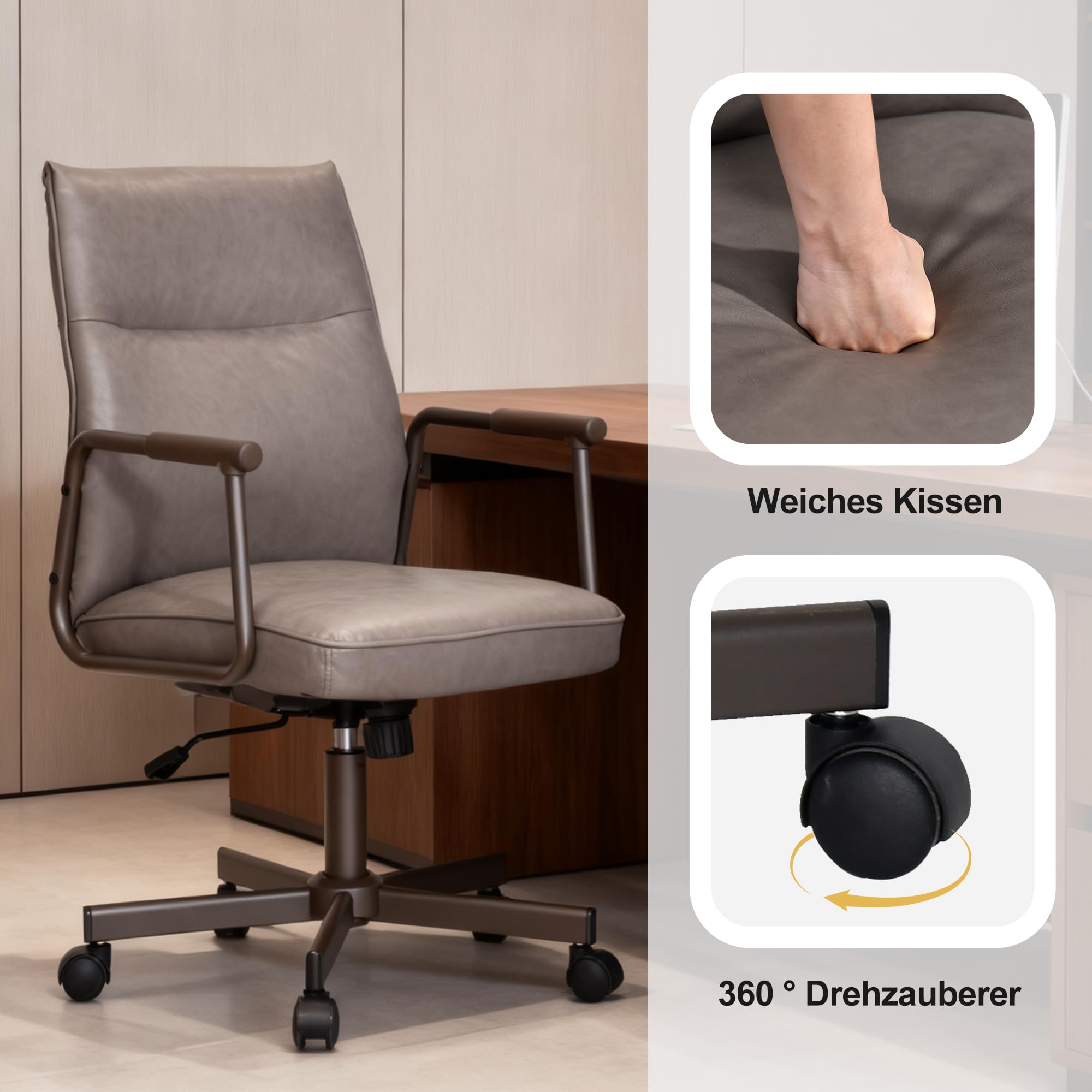 Duhome Krzesło biurowe, obrotowe o 360 stopni, regulacja wysokości, materiał PCW, krzesło komputerowe, do biura, salonu, sypialni, szare
