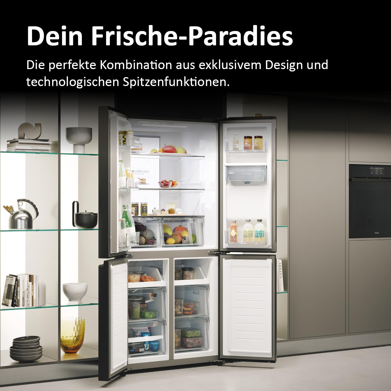 Haier Multi Door Kühl-Gefrierkombination CUBE 83 Serie 7 HCR7818DWPT | 4-türiger Kühlschrank mit Gefrierfach, XXL-Fassungsvermögen & 83cm Breite, 463L, Energieklasse D, Wasserspender & No Frost