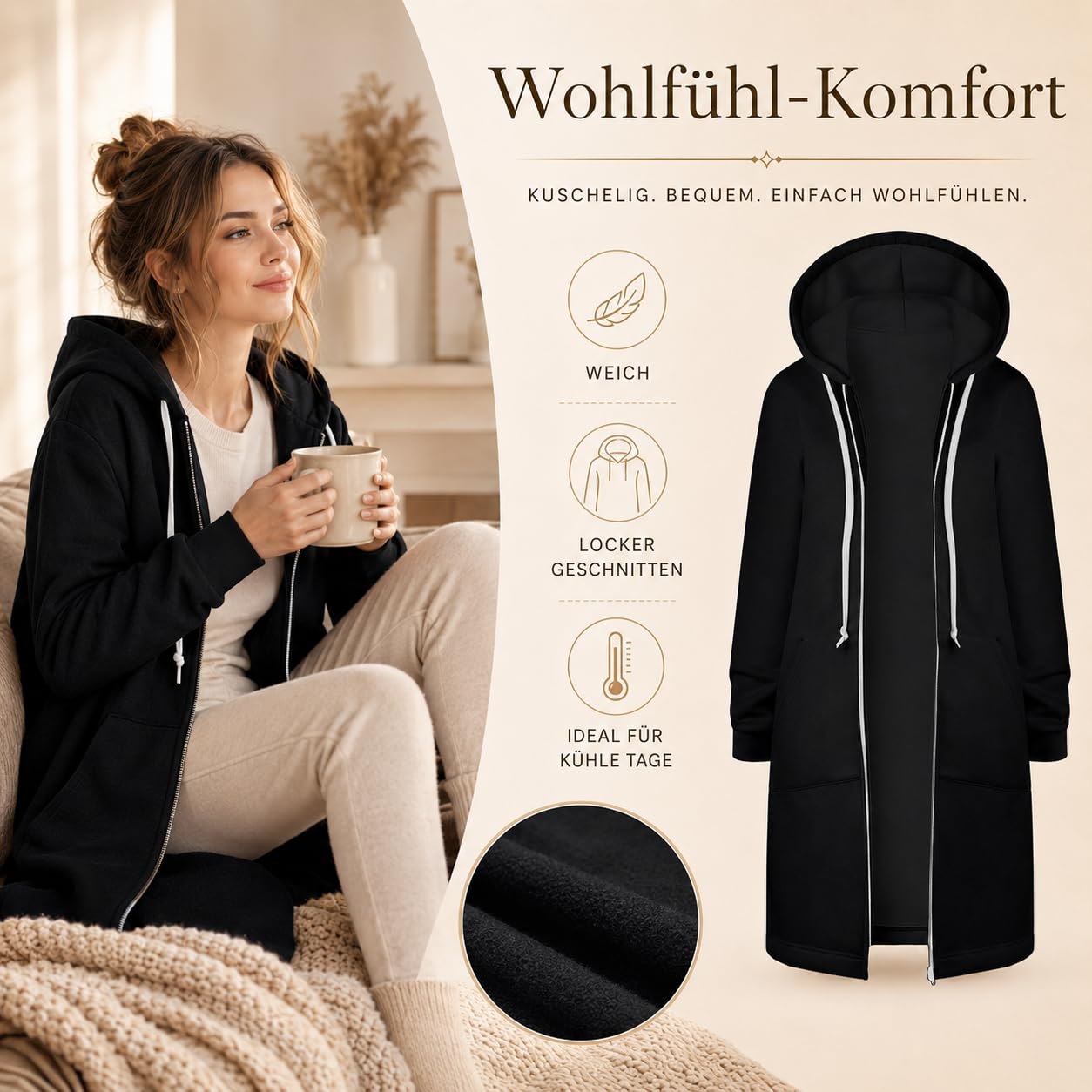 Lang Sweatjacke Damen Hoodie mit Kapuze Fleecejacke Einfarbig Kapuzenjacke Herbst Winter Übergangsjacke Casual Locker Kapuzenpullover Outwear Mantel Jacke mit Reißverschluss und Taschen Y2K Streetwear