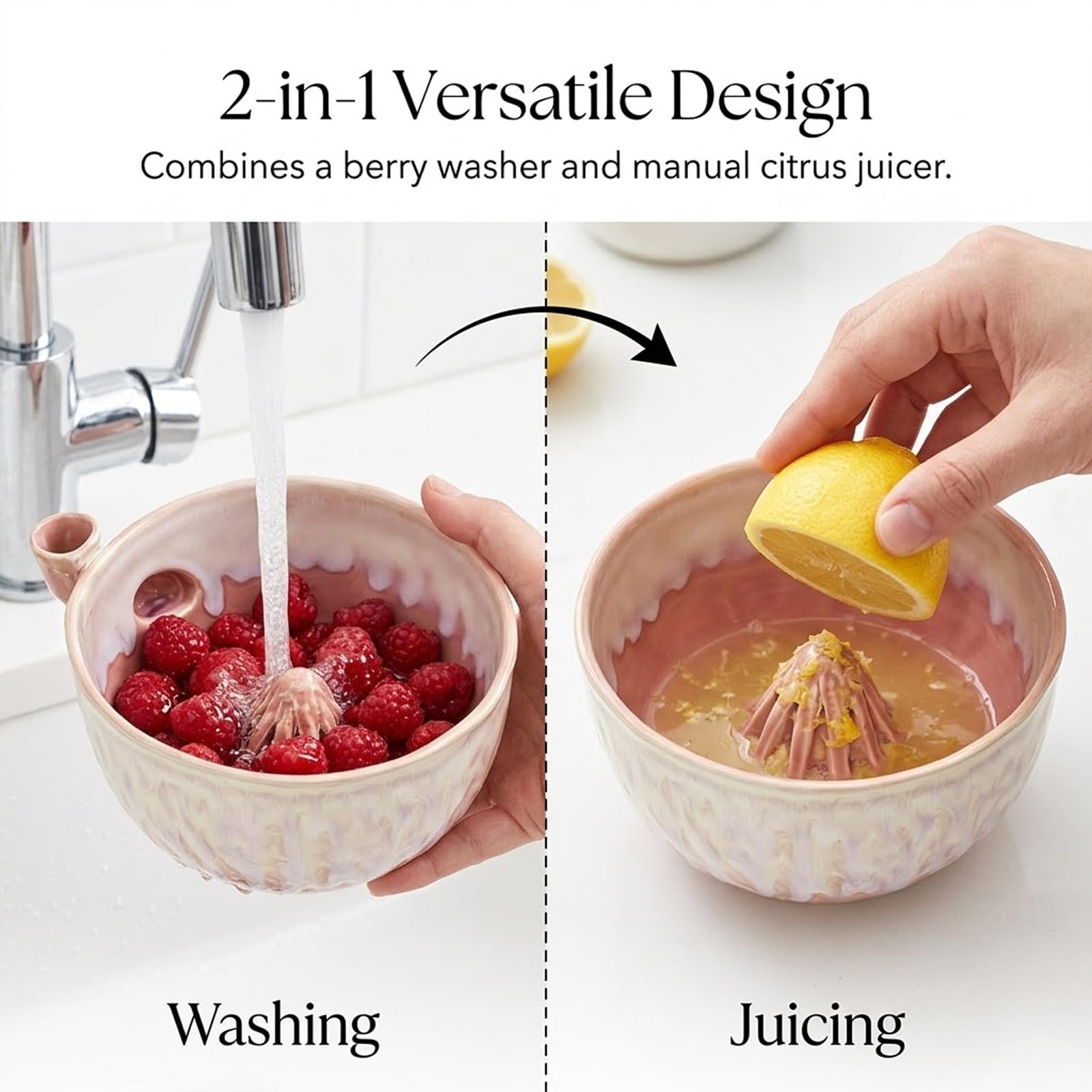 Self Spinning Berry Washing Bowl Ceramic, Beerenwaschschüssel Keramik, Berry Washing Bowl Ceramic, Keramik-Beerenwaschschale mit Abfluss – Waschschüssel, Sieb und Spülkorb für Obst (Pink (6.29in))