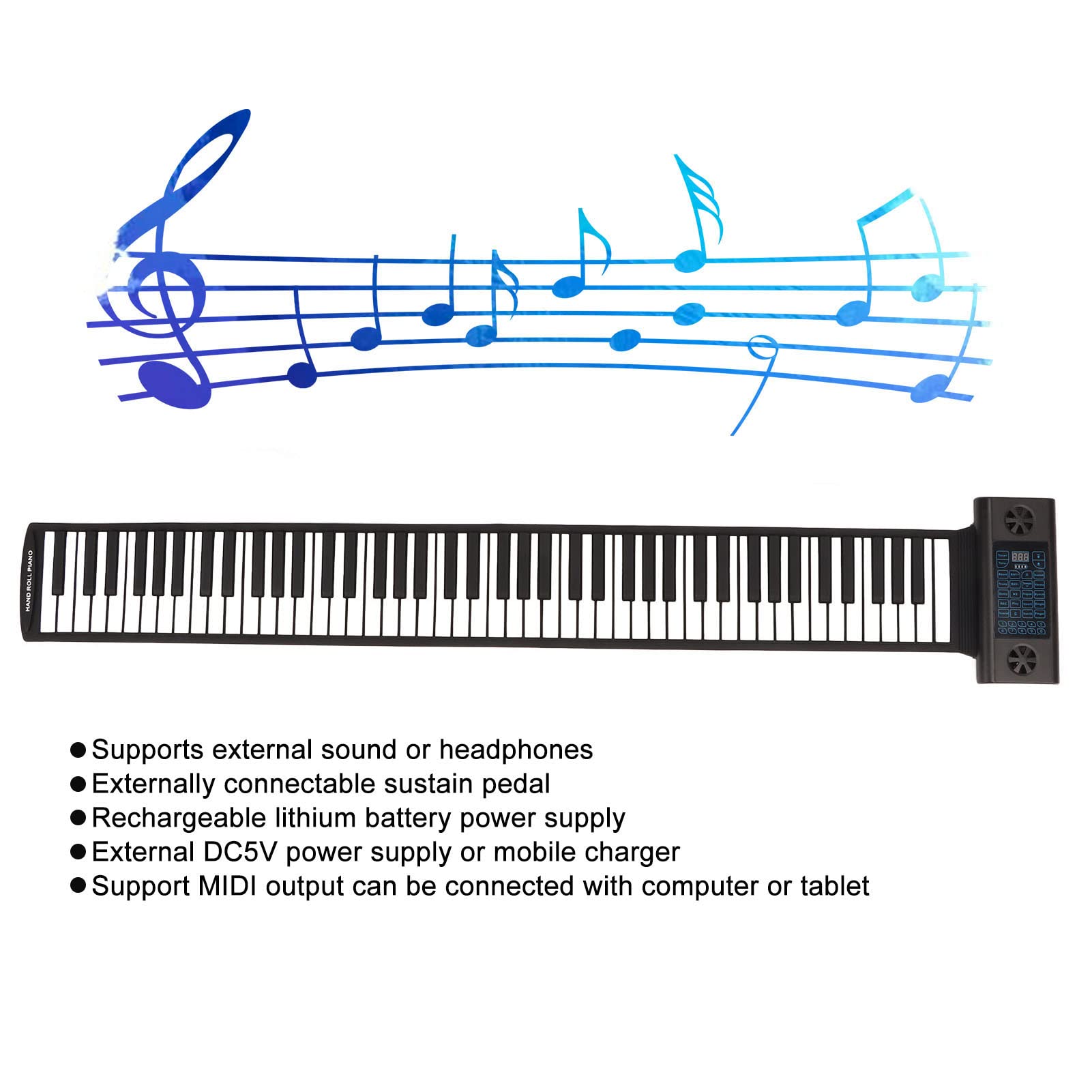 Teclado de Piano Enrollable de 88 Teclas, 28 Tonos, 128 Ritmos, 14 Canciones de Demostración, Función Bluetooth MIDI, Pantalla de Tubo Digital LED, Piano Eléctrico Portátil Plegable para(Negro)