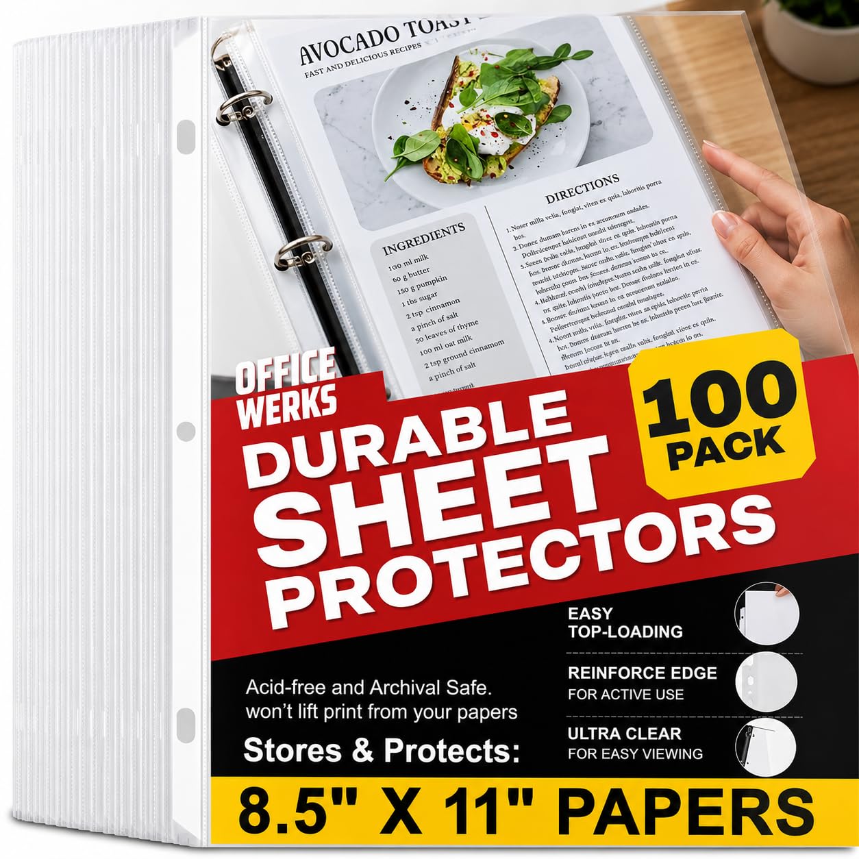 Office Werks 100 Clear Sheet Protectors, 8.5x11 Inch for 3 Ring Binder, Plastic Sheet Sleeves, Top Loading Paper Protector with Reinforced Holes, Archival Safe for Documents and Photos