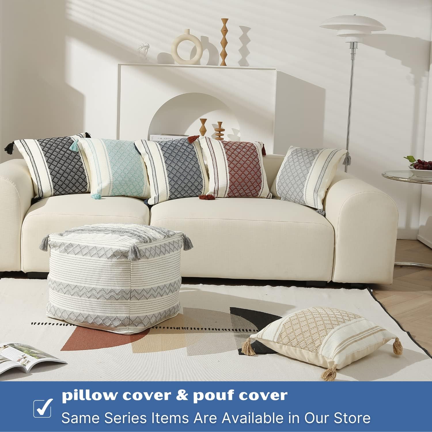 blue page Boho Neutral Decorative Unstuffed Pouf Cover - Cotton Woven Diamond Jacquard Pattern with Big Tassels, Handwoven Footrest/Cushion Cover for Bedroom Living Room, Grey
