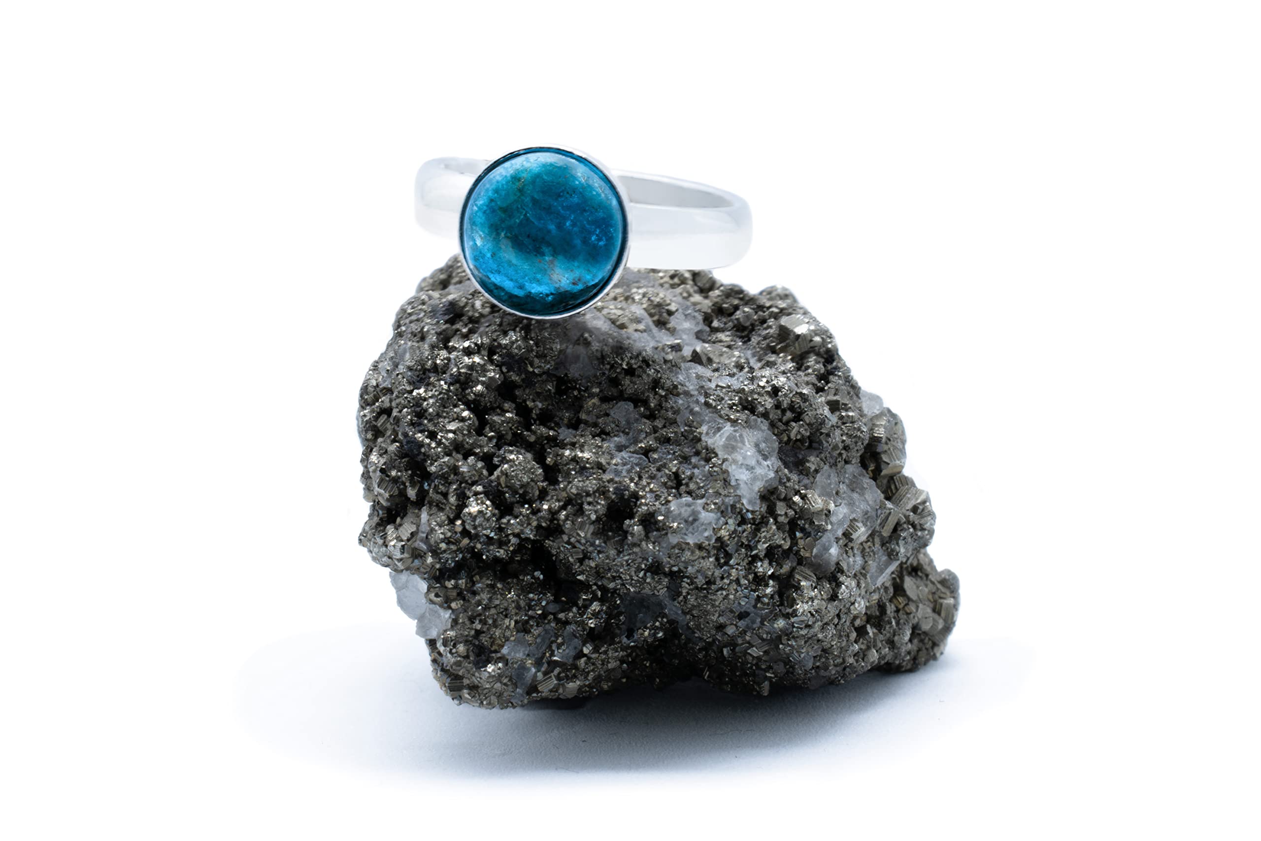 Anillo de Plata 925 con Apatito (Piedra Natural) 8mm - Disponible Anillo Ajustable y Fijo, Tamaño de XS a XXXL, para Hombre, para Mujer - Caja Regalo Gratis
