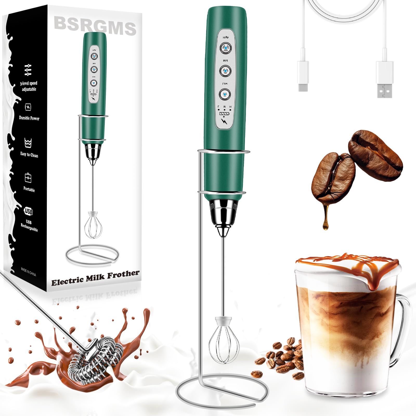 Milk Frother Wand Rechargeable Handheld Whisk Coffee 3 Speed Adjustable