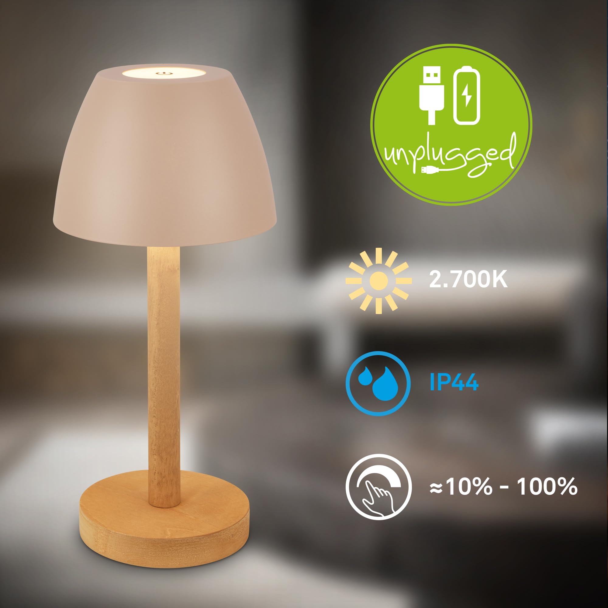 BRILONER - LED Tischlampe kabellos IP44 mit Touch, dimmbar, Akku tauschbar, Nachttischlampe, Leselampe, LED Lampe, Campinglampe, Tischleuchte, Akkulampe, Outdoor Lampe, 13,5x30 cm, Beige-Holz
