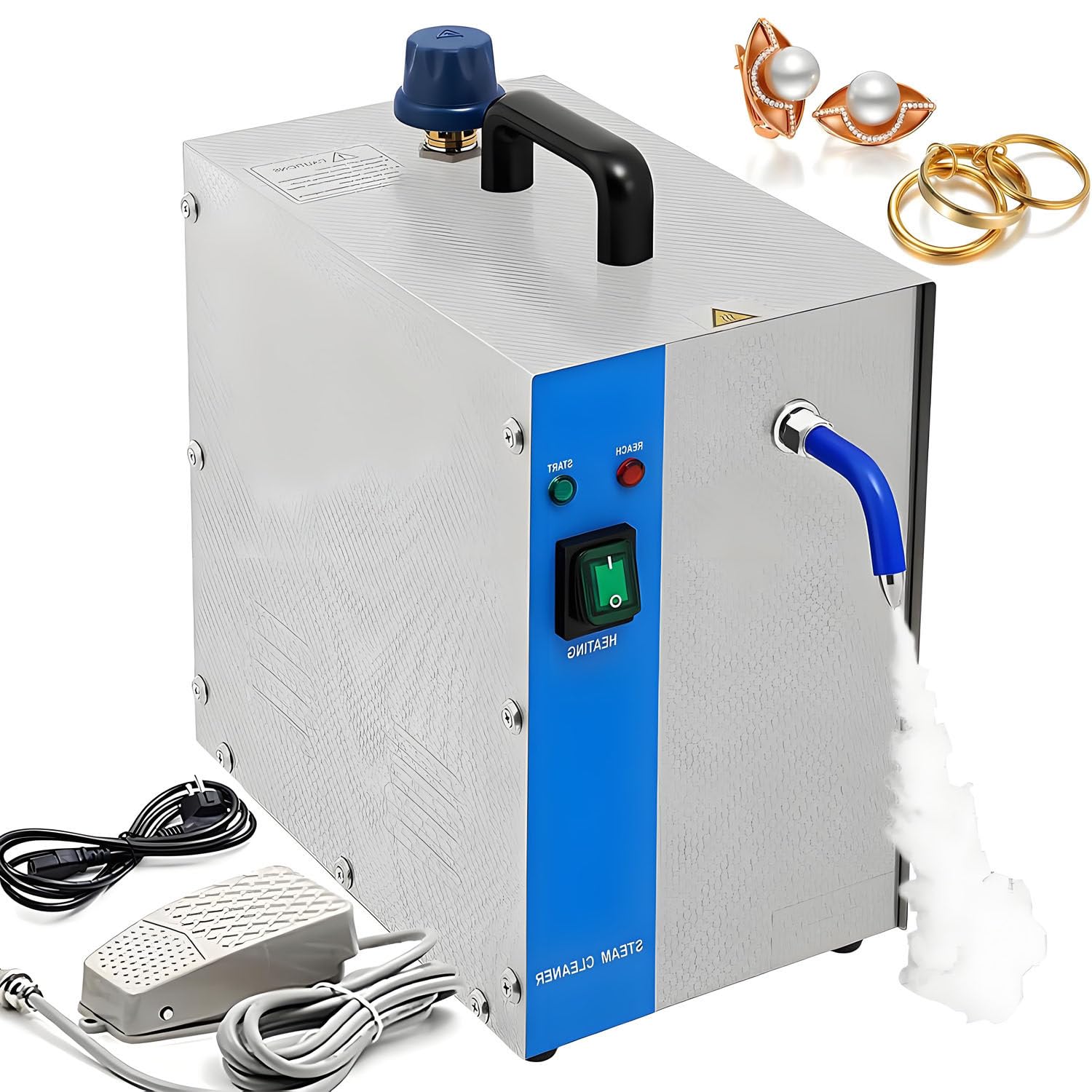 Limpiador Vapor Pro Joyas 2L, Acero Alta presión Silver | 1300W, calentamiento 8 min. Limpia cadenas, gafas, componentes & metales. Depósito 2L. Acero inox.