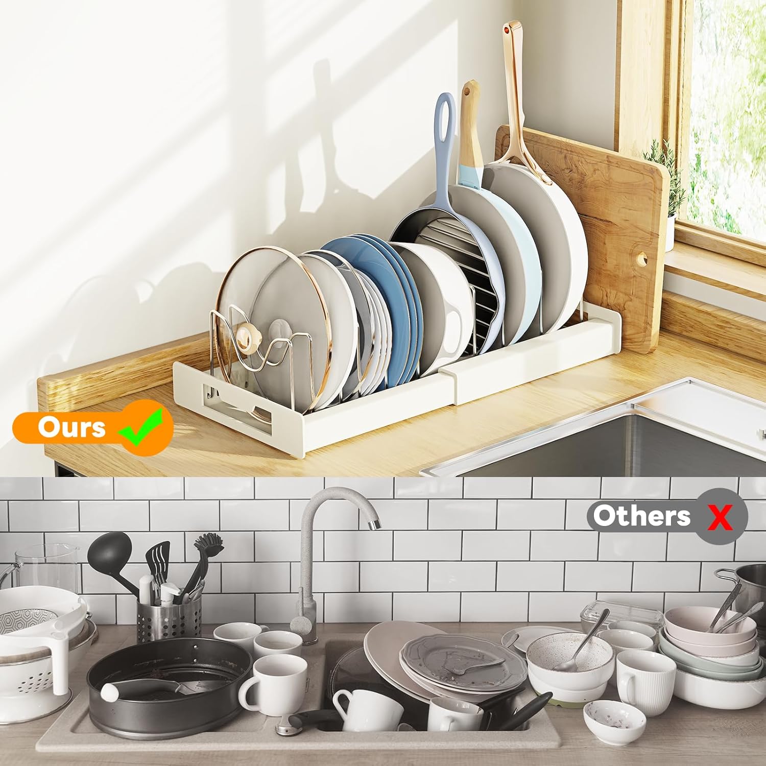 Pots and Pans Organizer Under Cabinet - Pot Lid Holder, Expandable Pan Organizer for Cabinet, Pot Rack with 10 Adjustable Compartments for Kitchen Cabinet, Frying Rack, Lid, Cookware,1 Pcs - Image 6