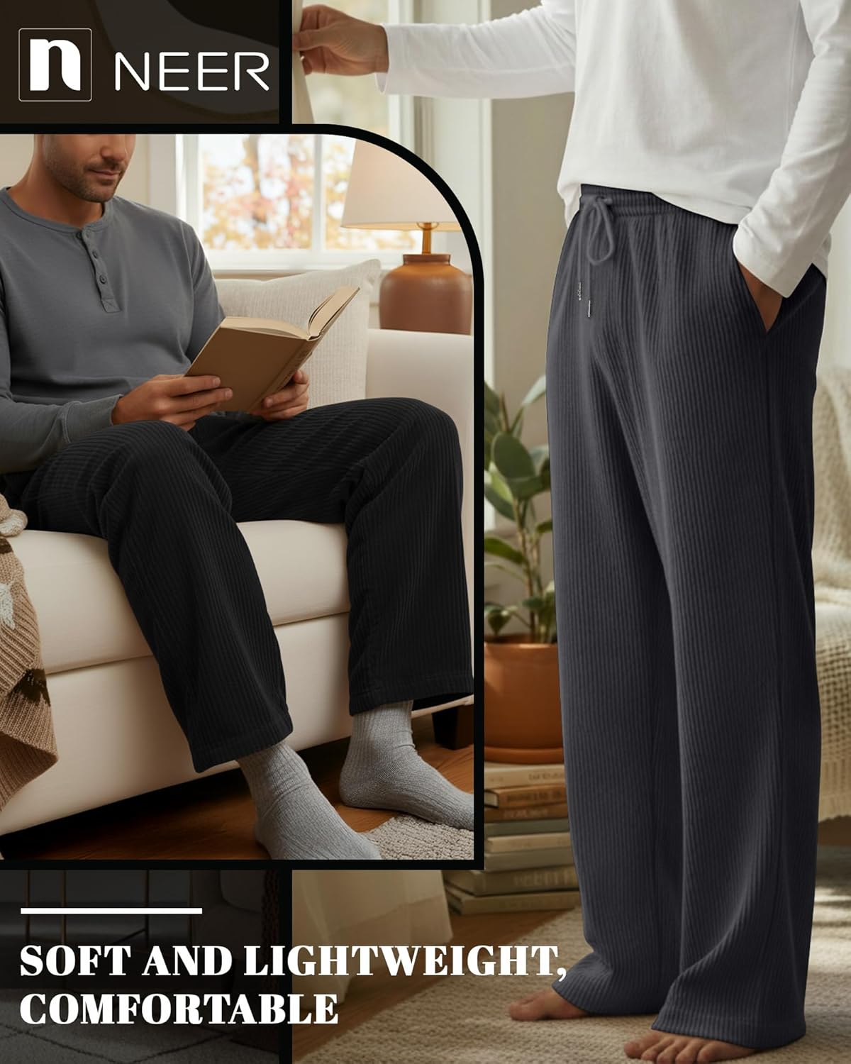 Neer 3 Pack Men's Corduroy Pants Causal Straight Leg Sweatpants Loose Drawstring Elastic Waist Baggy Lounge Pants Pockets - Image 4