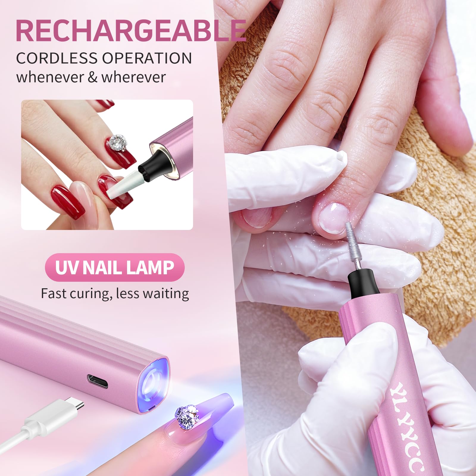 【Kabelloser Nagelbohrer Elektrische Feile mit UV-Nagellampe】Professionell für Acrylgel-Tauchpulvernägel, tragbare Nagelbohrmaschine Kit für Maniküre Pediküre Nagelset Wiederaufladbar Leicht