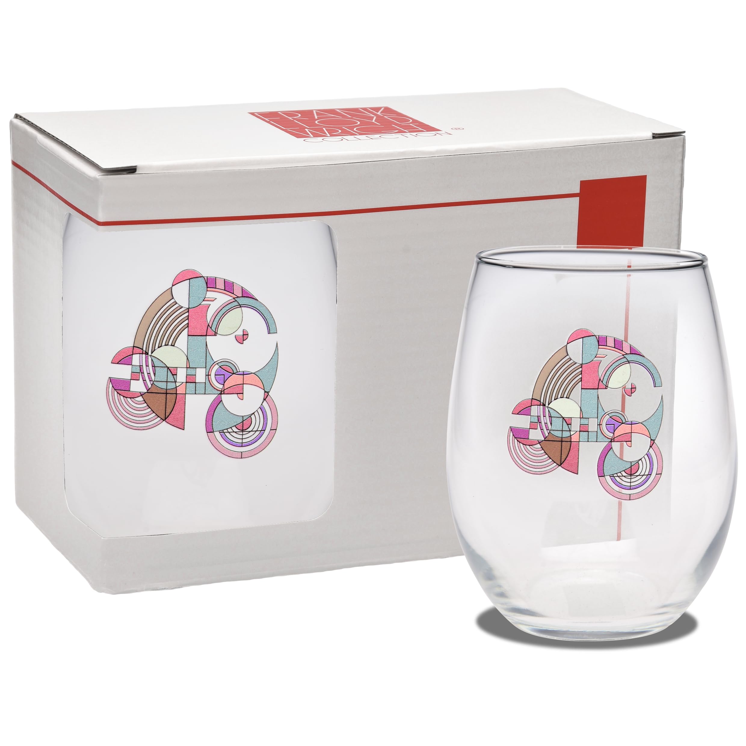 Culver Frank Lloyd Wright Stemless Wine Glass 15-Ounce (Gift Boxed Set of 2, Hoffman Rug)