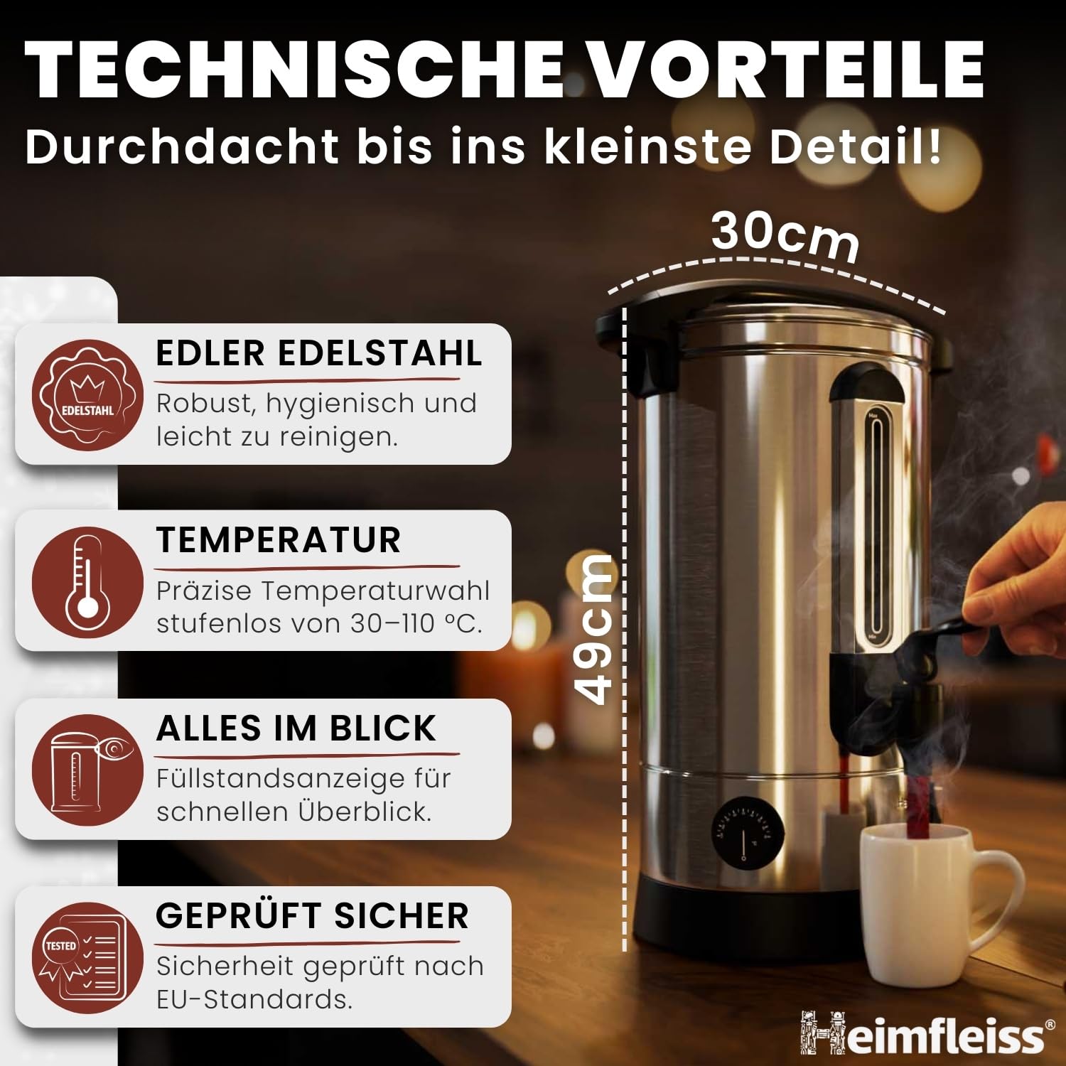 Heimfleiss® Glühweinkocher 10L aus Edelstahl 1500W | Heißwasserspender mit Zapfhahn, Thermostat & Überhitzungsschutz | Heißgetränkeautomat für Glühwein & Punsch | Einkochautomat Glühweintopf mit Hahn