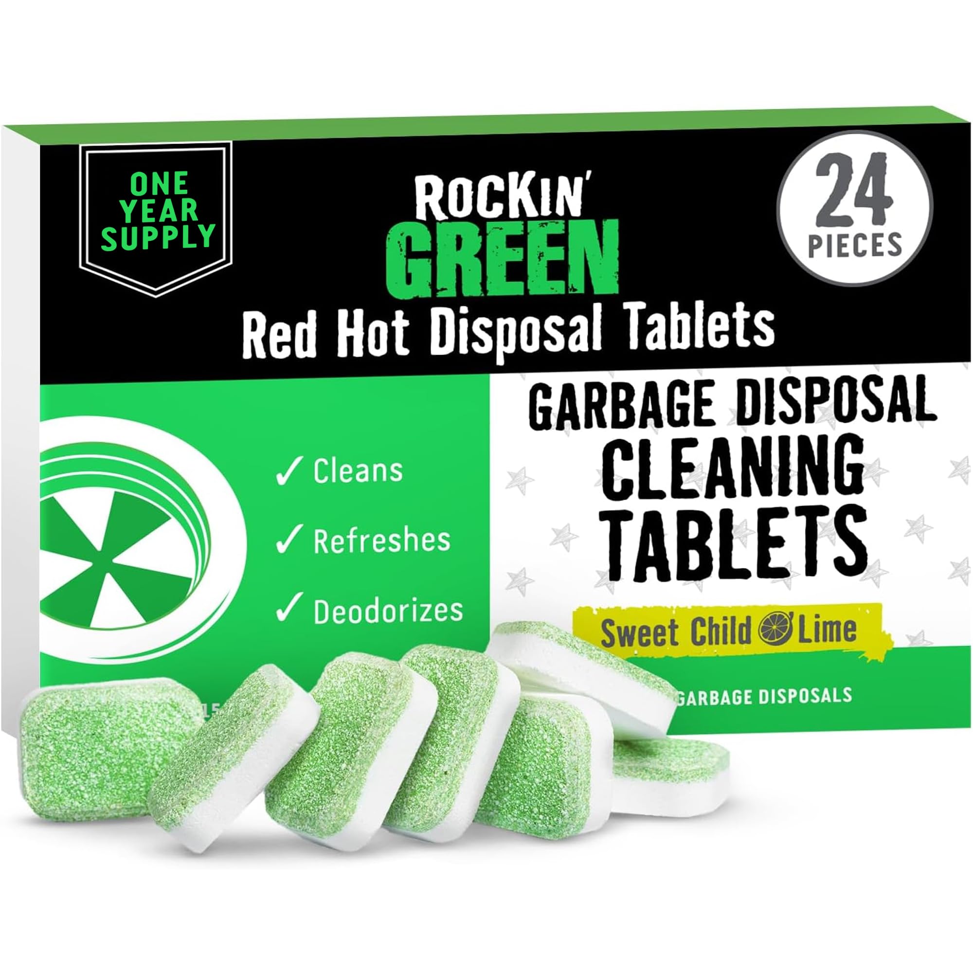 Rockin' Green Deep Cleaning and Deodorizing Tablets for Dishwashers, Washing Machines, and Garbage Disposals, Removes Odor and Residue (Garbage