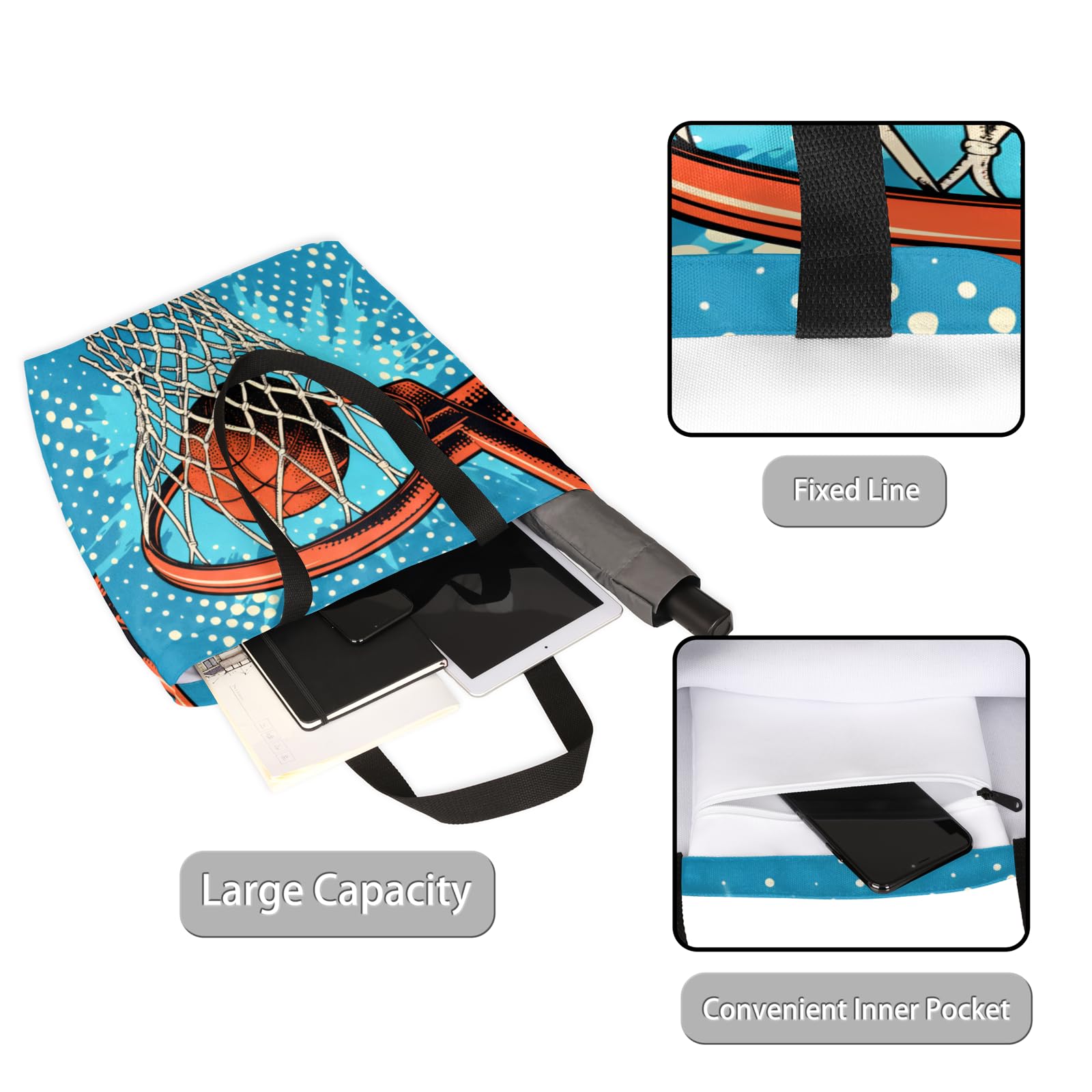 Mularoka Basketball Stand Watercolour Large Capacity Canvas Tote Bag Stylish Handheld Shoulder Bag Reusable Shopping Bag for Work Travel Beach Trips Shopping