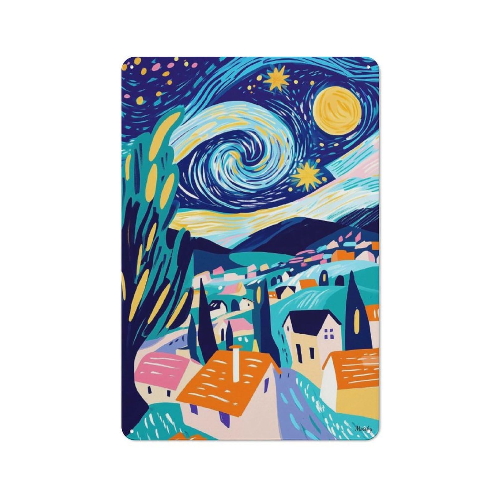 Junmoney Vivid Fauvist Vision Of Starry Night Smart Decorative Metal Sign 30X20cm, Studio Wall Plaque For Hobby Room, Office, Lounge Or Living Room