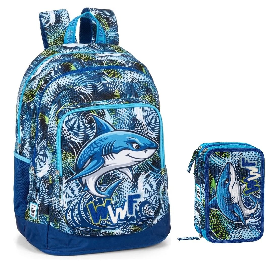 PRESTIGE & DELUXE Mochila escolar WWF versión Shark tiburón azul redondo 3 compartimentos cremallera para niños primaria secundaria + Estuche de 3 pisos completo de papelería + kit bolígrafos y