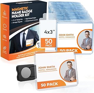 50 Pack of 4x3 Magnetic Name Badge Holders (White Printable Inserts Included) Customizable Magnetic Name Tags for Office, Conventions, School, and Events - Durable and Clear Plastic Name Tag Holder