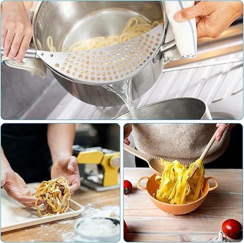 Miniatura 7 de TIESOME Colador de olla de acero inoxidable, colador de pasta con asa, escurridor duradero de plata para fideos para freír espagueti, frutas,