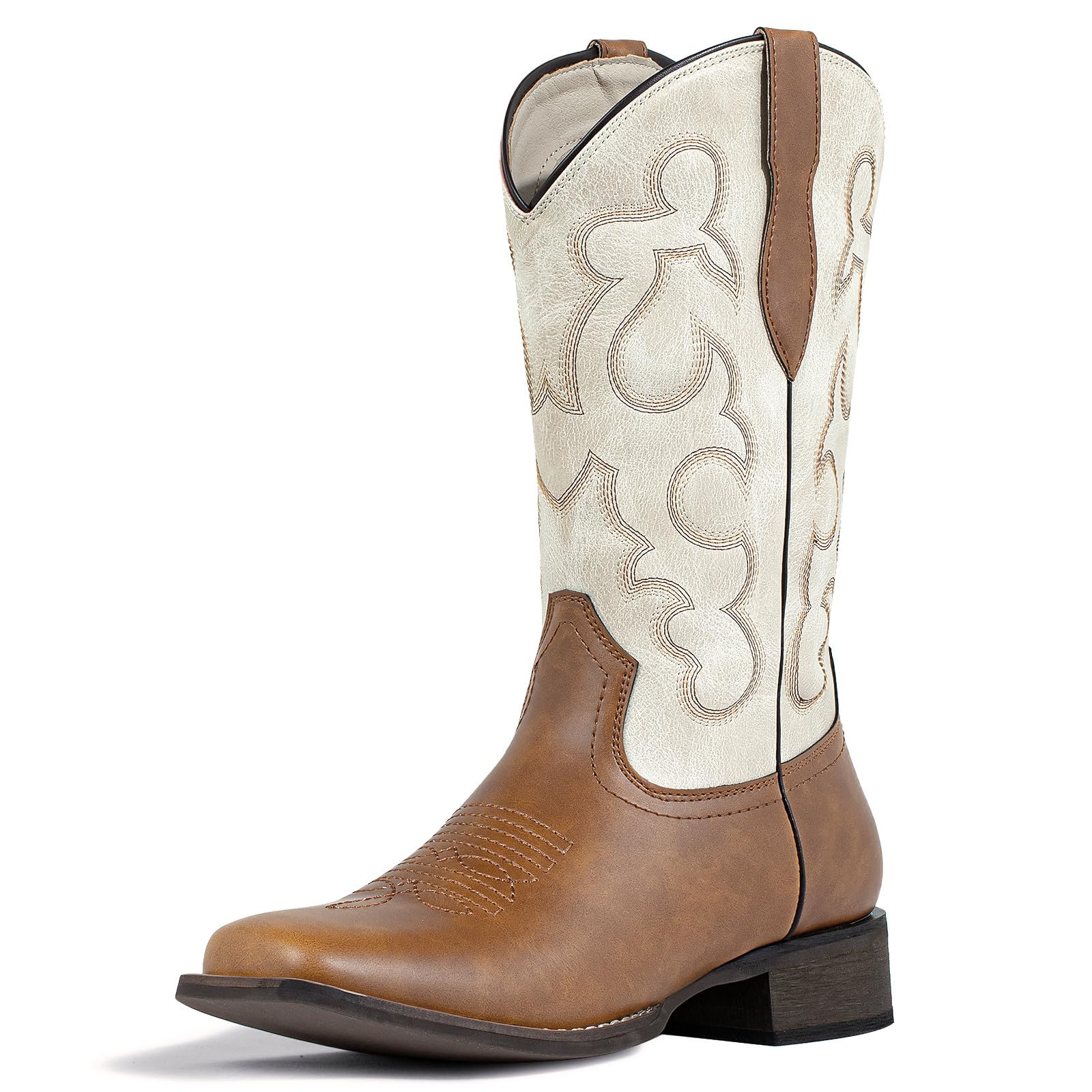 Js o l e Square Toe Cowboy Boots for Women Cowgirl Fashion Two-toned Western Boots Mid Calf Brown