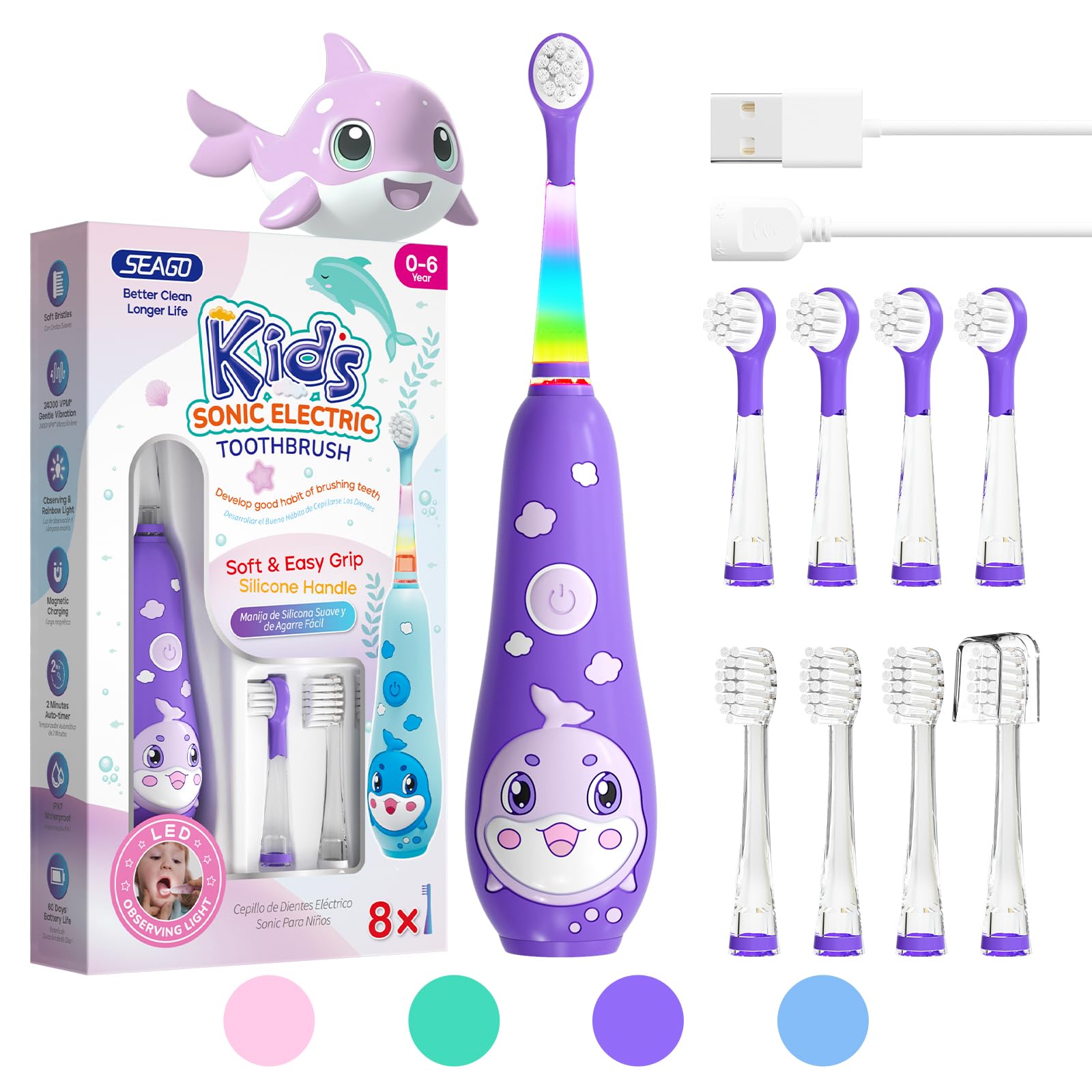 Spazzolino Elettrico Bambini Spazzolino Denti Elettrico Spazzolini Elettrici Spazzolino Bambini 0-6 Anni Spazzolino Da Viaggio Con 8 Testine Per, Luce LED, modello balena SG-2139,Viola